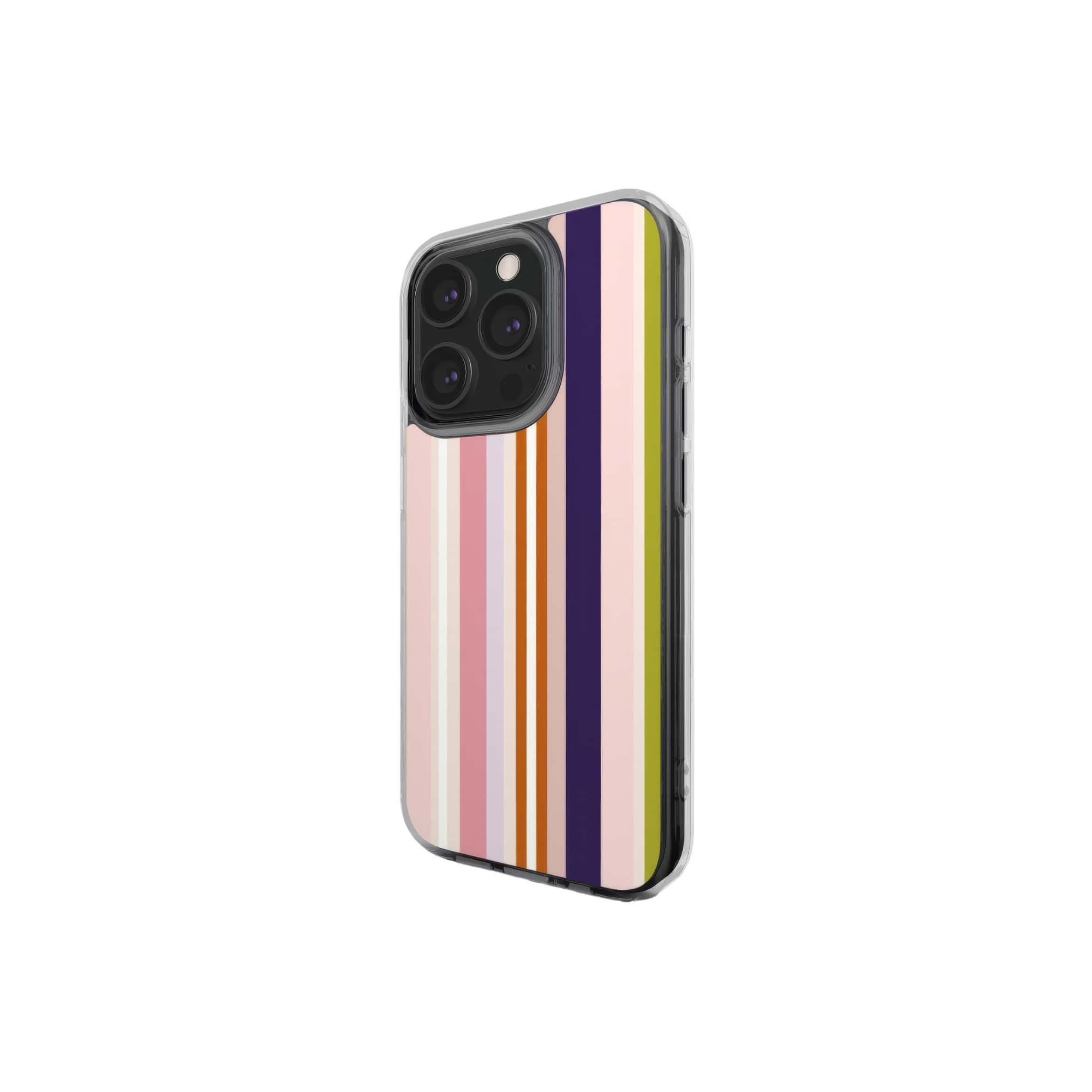 Clear phone case Parallel Flow Pink pattern with tiny color stripes, featuring an elegant and expressive aesthetic design. Main colors are pink, lilac and purple. Side view.