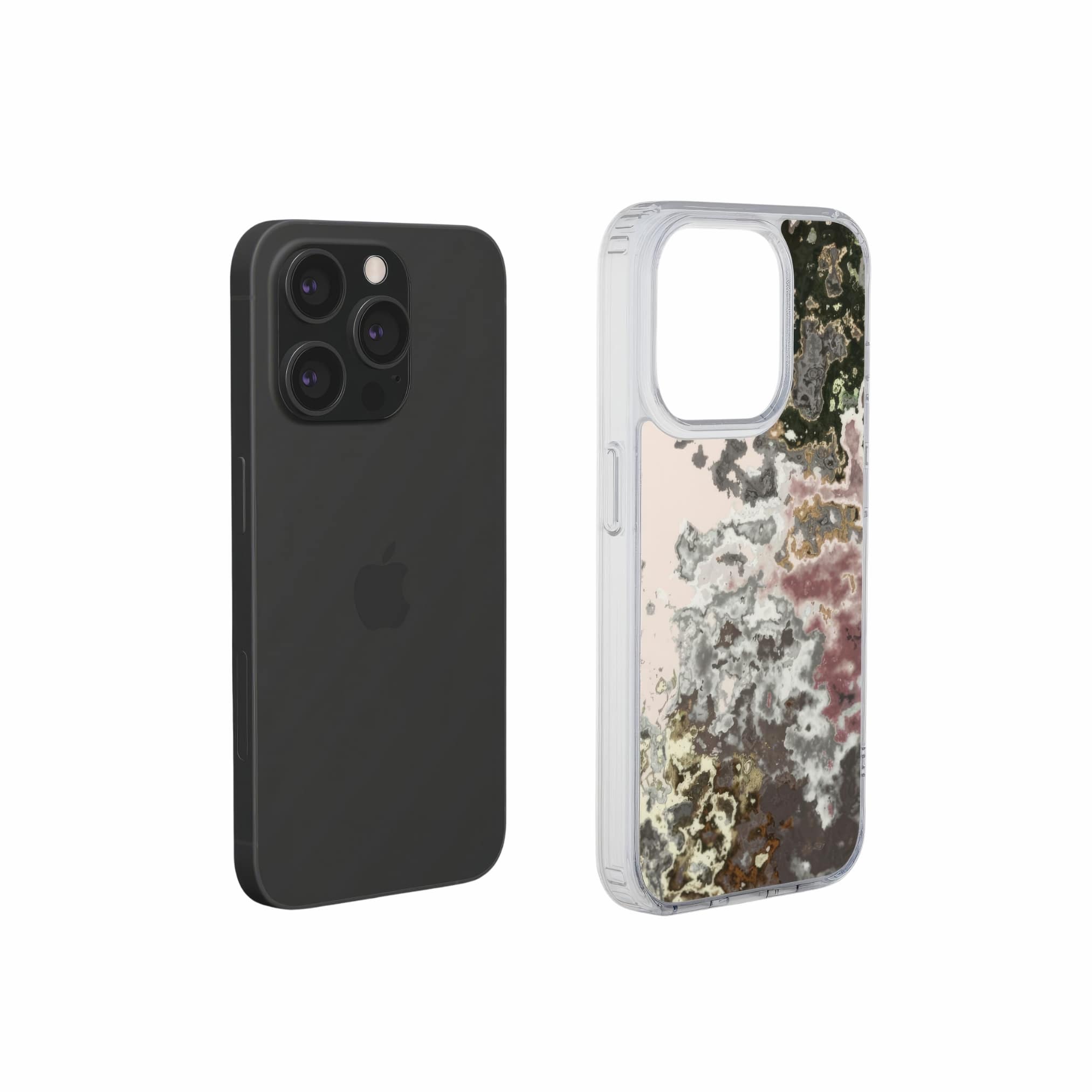 Clear phone case extend view; Pink Moss 2 pattern, artistic, abstract marble pattern. Pink and grey color combination.