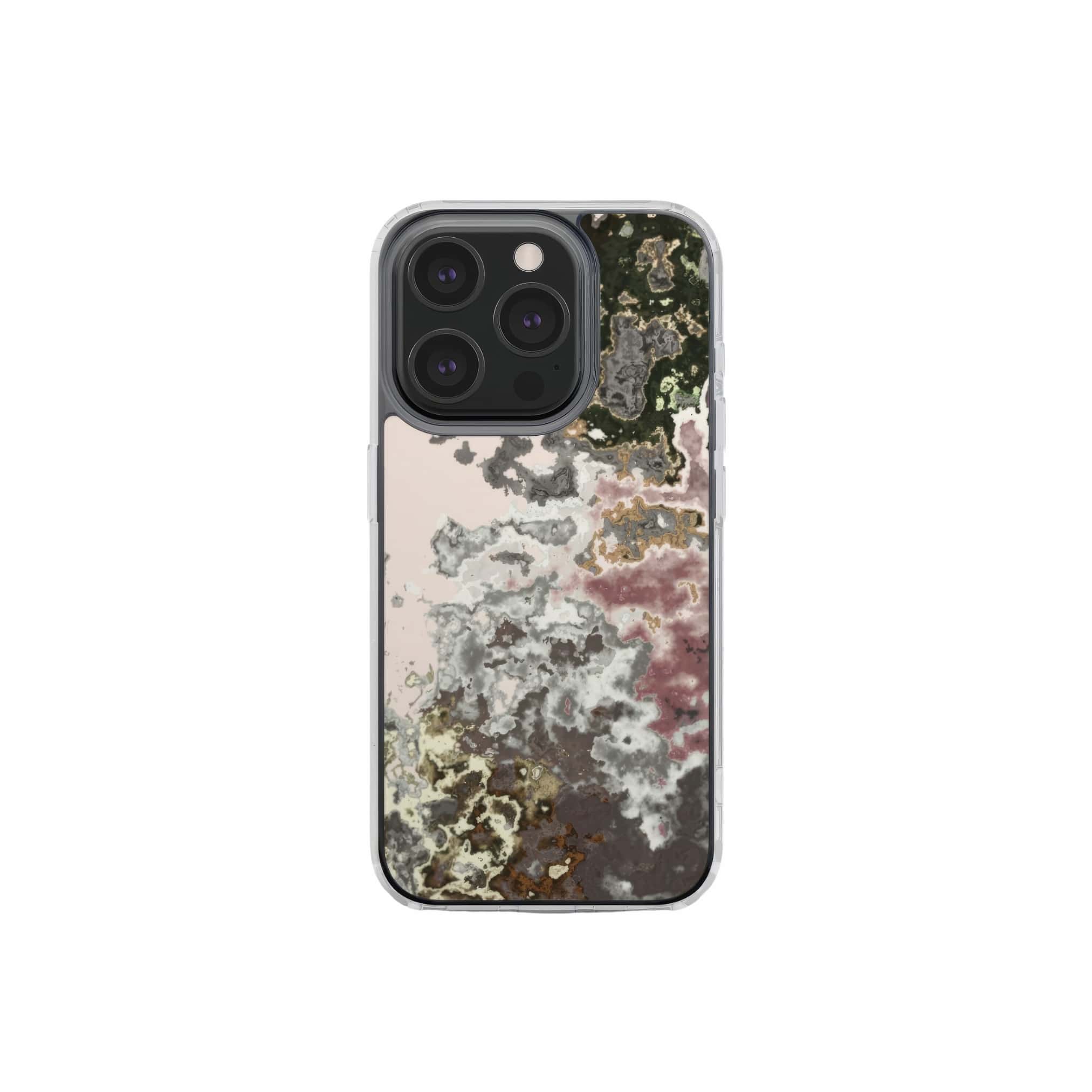 Clear phone case front view; Pink Moss 2 pattern, artistic, abstract marble pattern. Pink and grey color combination. Bold expressive aesthetic design. Colorful and interior fit. Elegant.