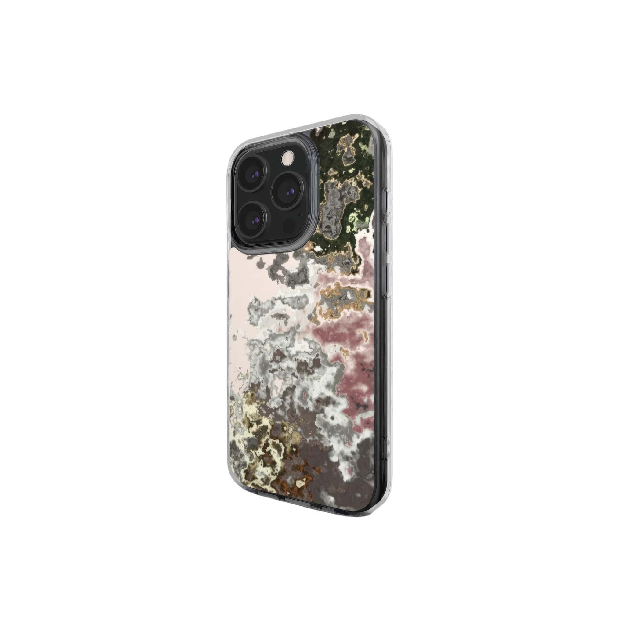 Clear phone case side view; Pink Moss 2 pattern, artistic, abstract marble pattern. Pink and grey color combination.