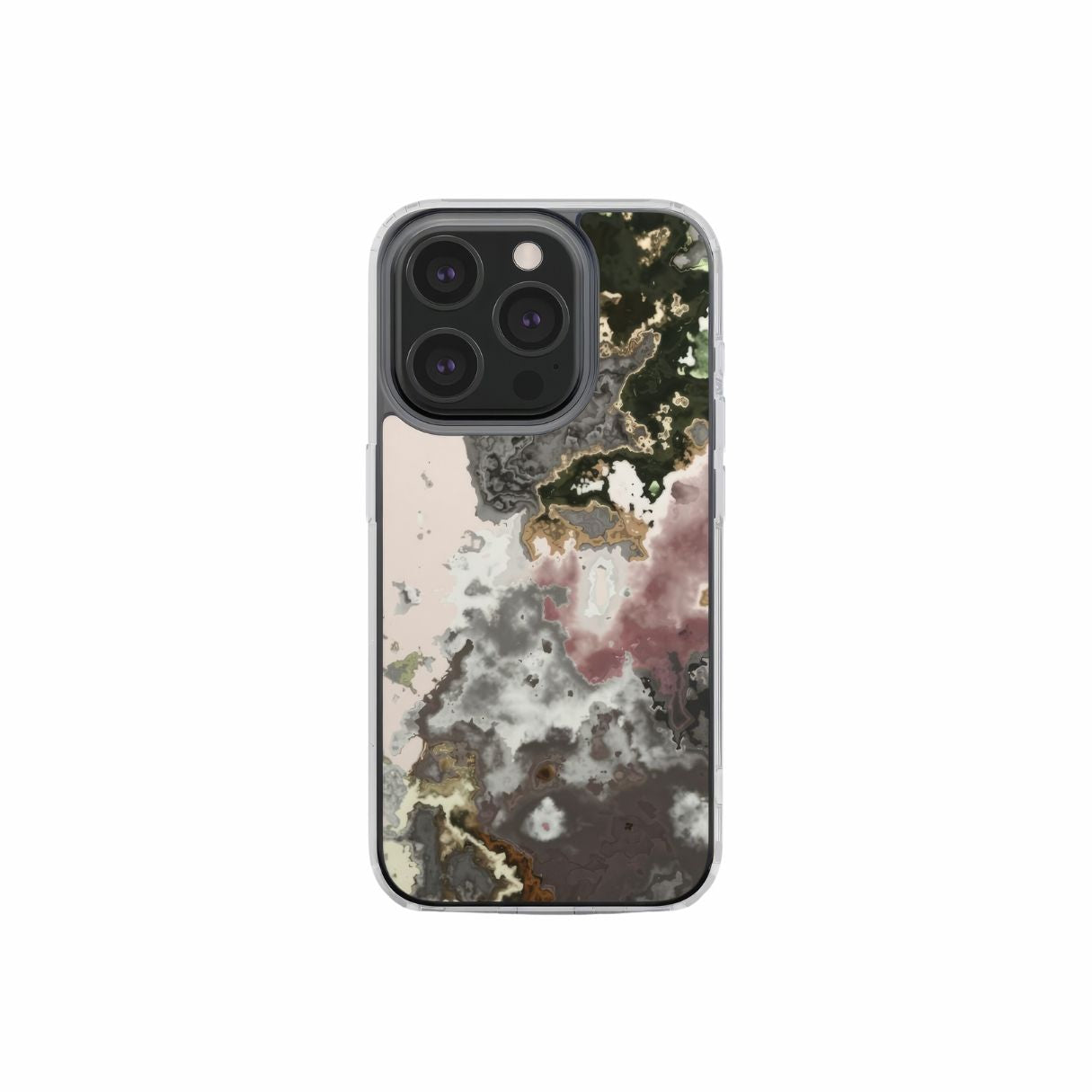 Clear phone case front view; Pink Moss pattern, artistic, abstract marble pattern. Pink and grey color combination. Bold expressive aesthetic design. Colorful and interior fit. Elegant.