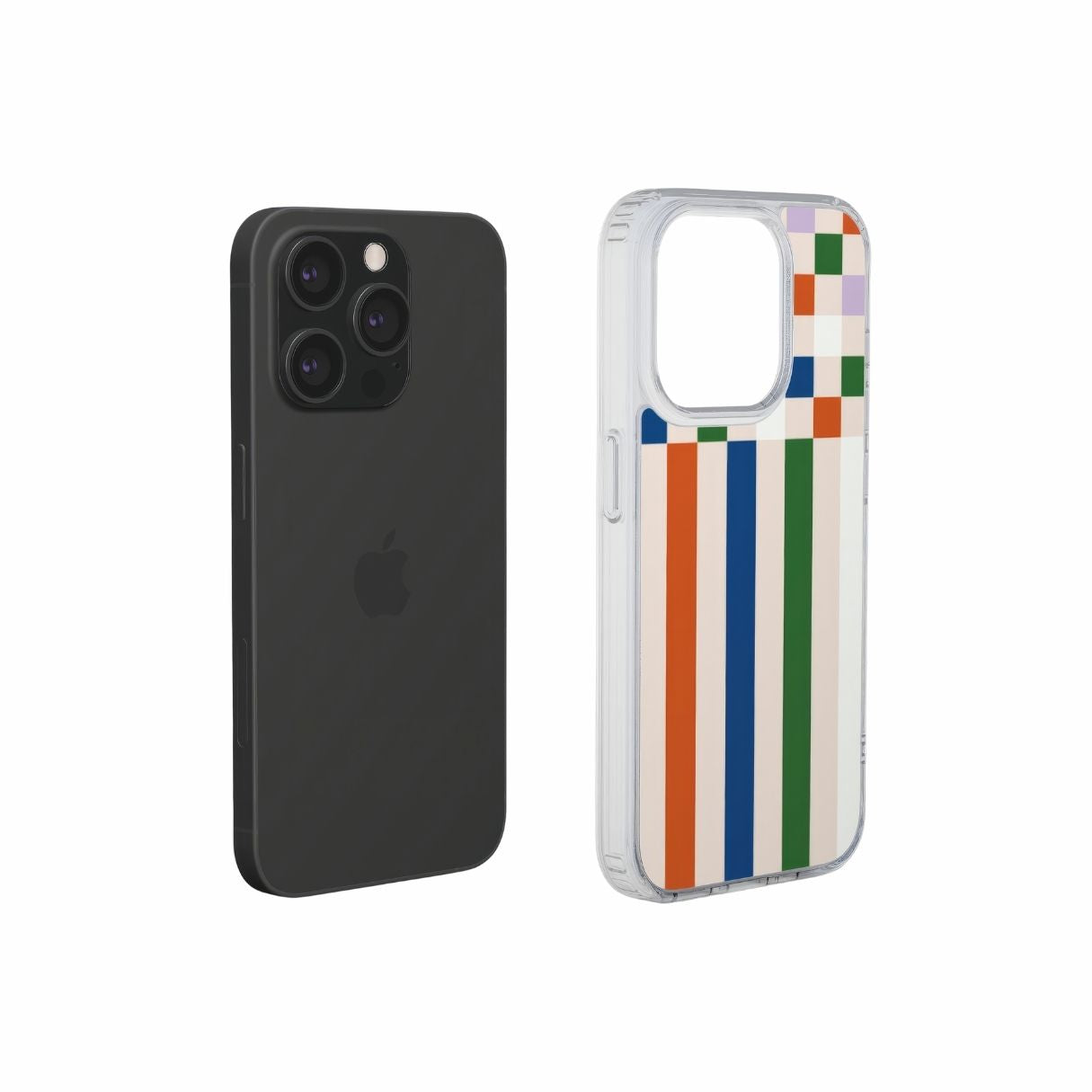 Clear phone case Pixel Grid Multi pattern design with a bold color blocks in pixel and stripes modern style, featuring an elegant and expressive aesthetic design. Main colors are rich orange, blue, lilac and green. Extend view.