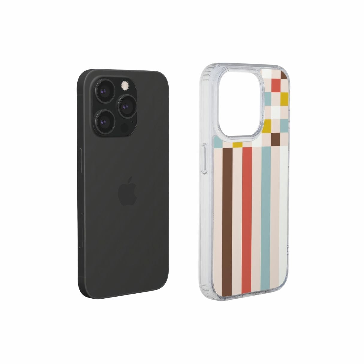 Clear phone case Pixel Grid Vintage pattern design with a bold color blocks in pixel and stripes modern style, featuring an elegant and expressive aesthetic design. Main colors are pastel with pink, brown, muted red and light sky blue. Extend view.