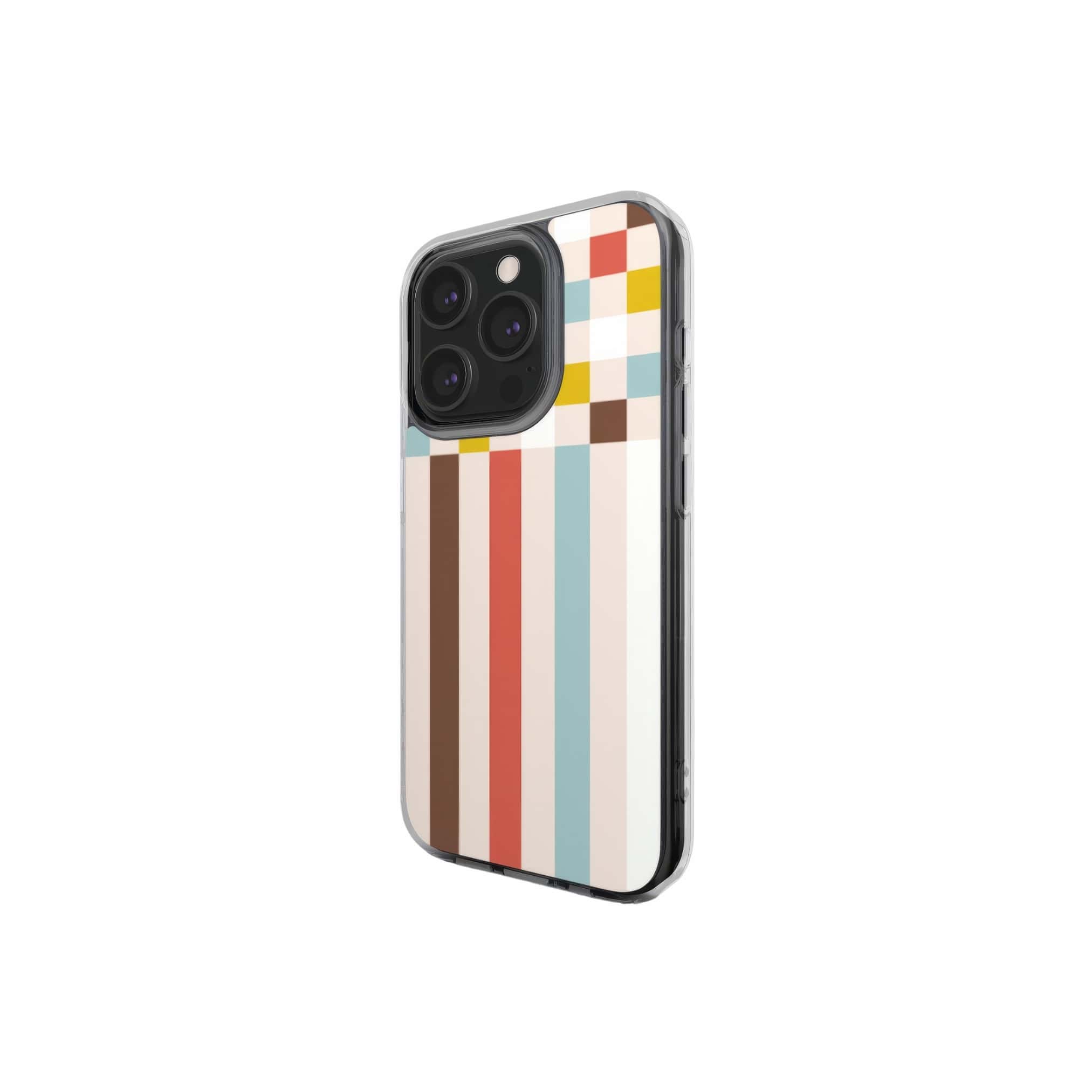 Clear phone case Pixel Grid Vintage pattern design with a bold color blocks in pixel and stripes modern style, featuring an elegant and expressive aesthetic design. Main colors are pastel with pink, brown, muted red and light sky blue. Side view.
