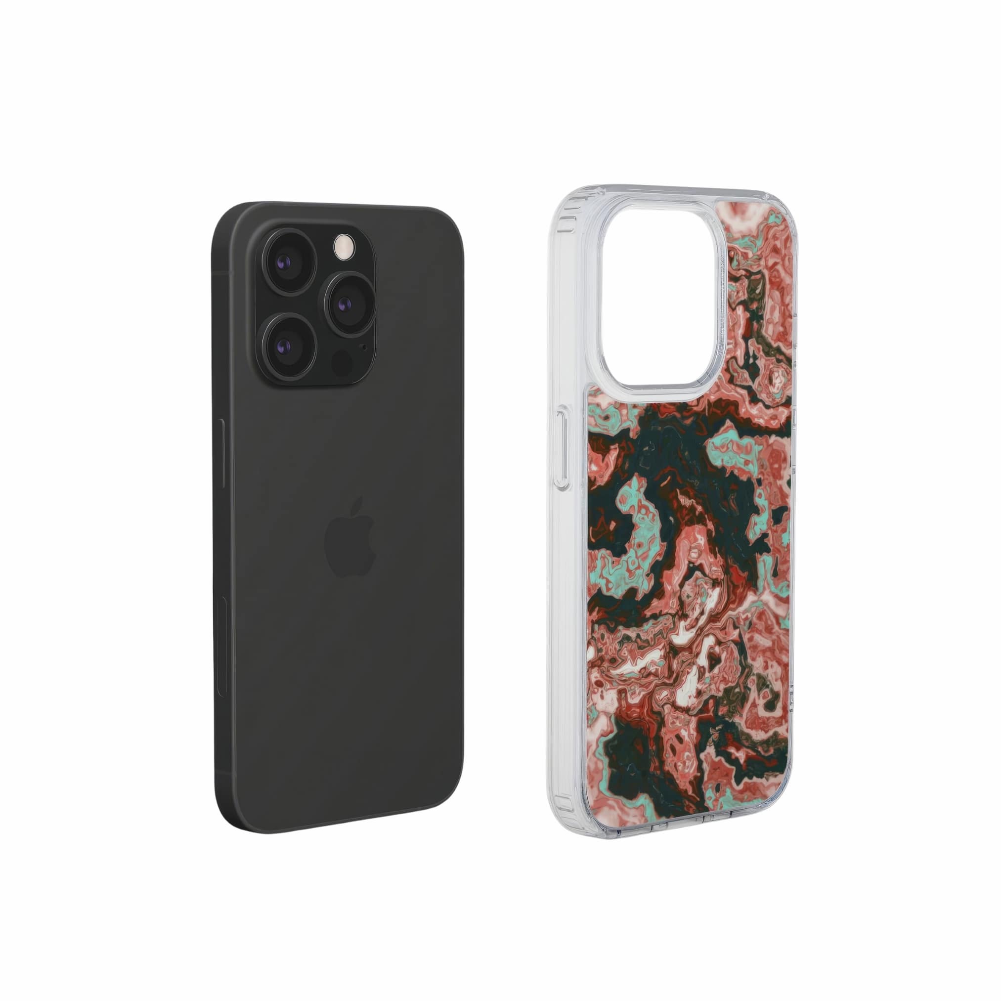 Clear phone case extend view; Red Coffee pattern, artistic, abstract marble pattern. Red and light blue color combination.