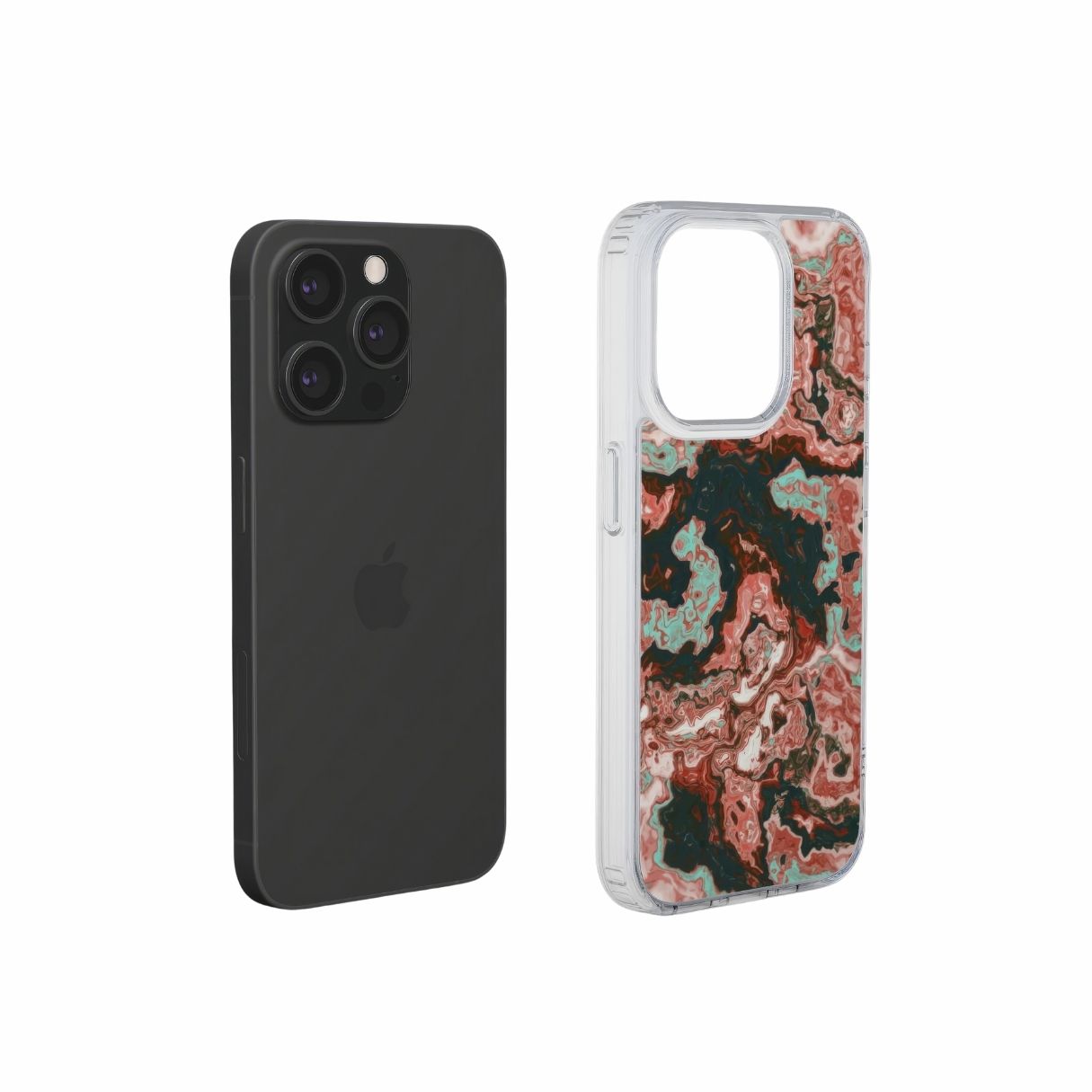 Clear phone case extend view; Red Coffee pattern, artistic, abstract marble pattern. Red and light blue color combination.