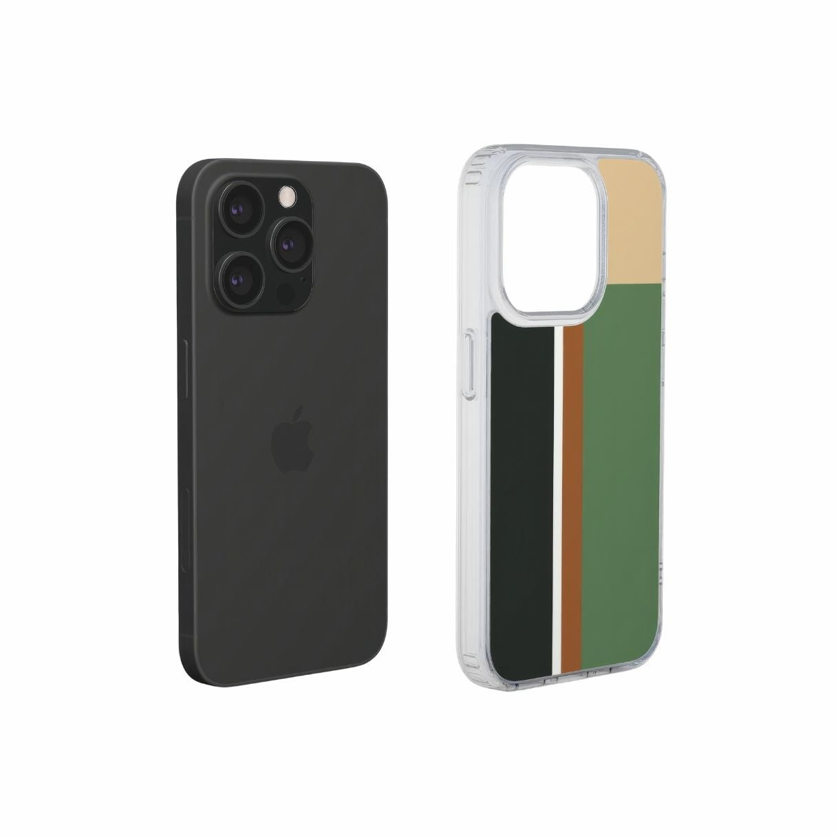 Clear phone case Retro Stripes Khaki pattern design with a bold color blocks in vintage, mid century modern style, featuring an elegant and expressive aesthetic design. Main colors are khaki, dark green, brown and cappuccino. Extend view.