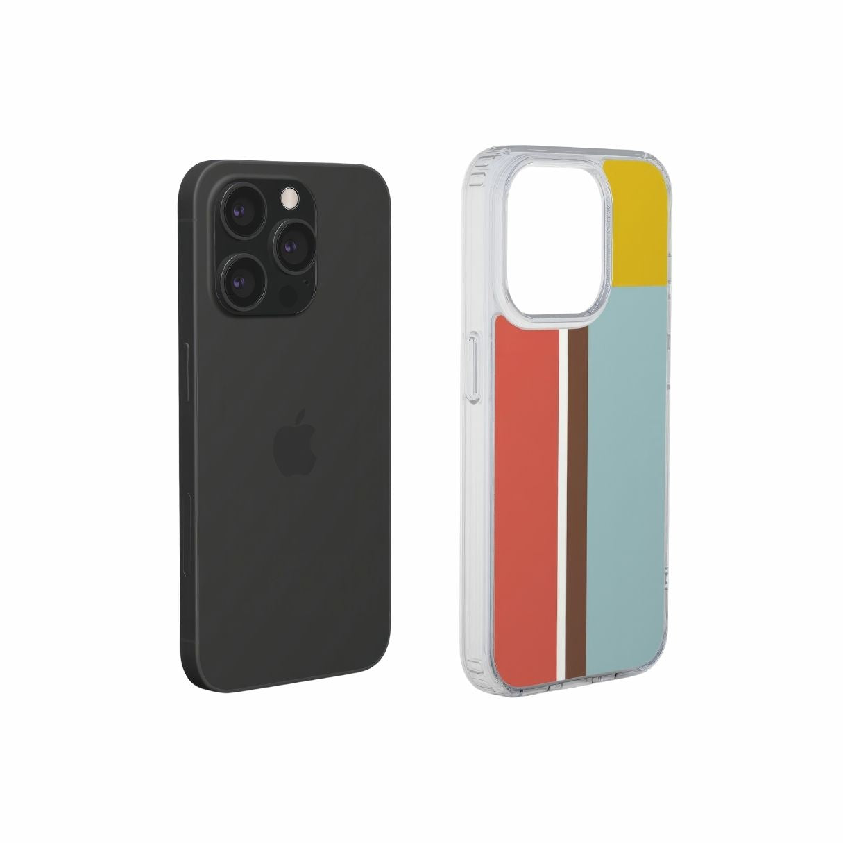 Clear phone case Retro Stripes Red pattern design with a bold color blocks in vintage, mid century modern style, featuring an elegant and expressive aesthetic design. Main colors are yellow, muted red and light blue. Extend view.