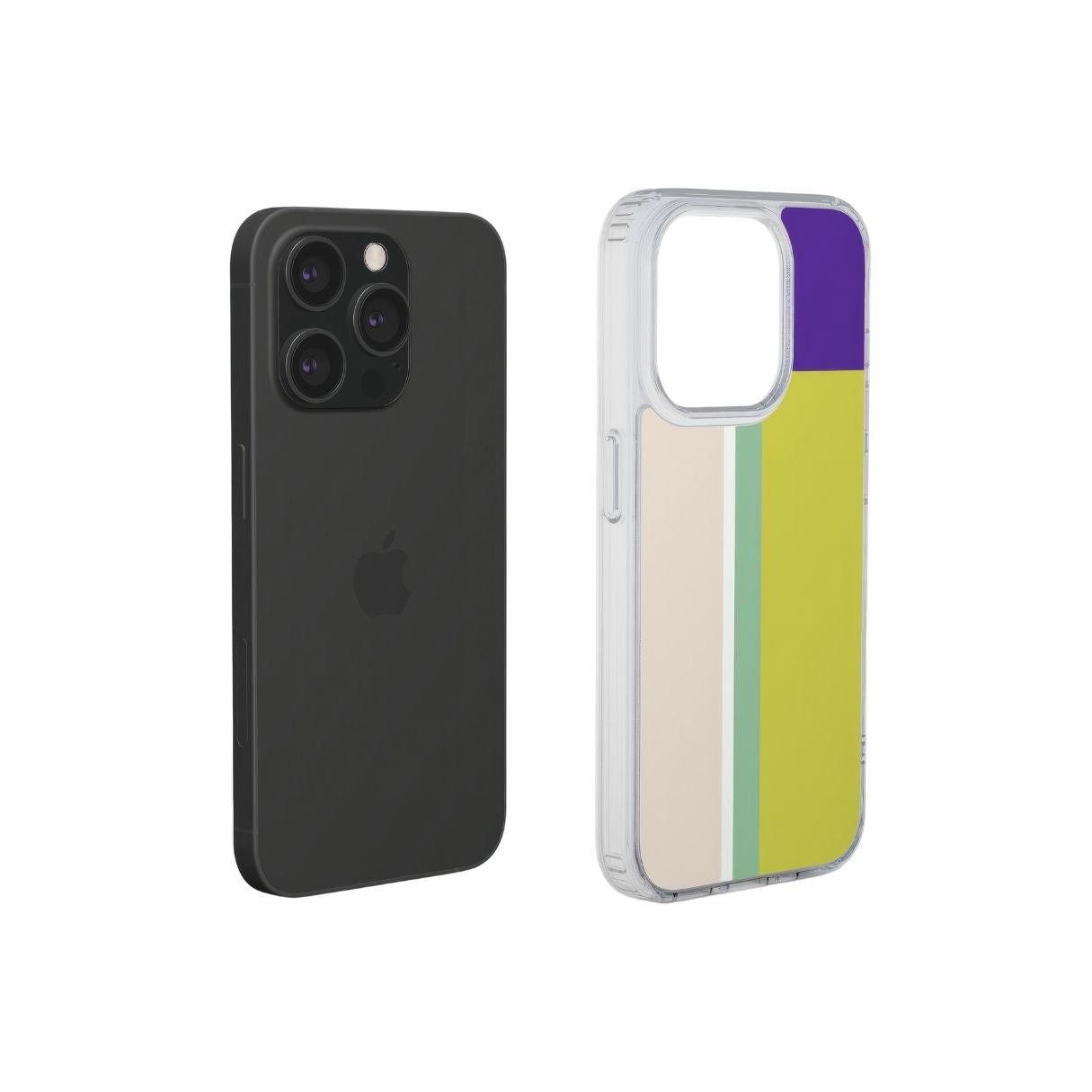 Clear phone case Retro Stripes Yellow pattern design with a bold color blocks in vintage, mid century modern style, featuring an elegant and expressive aesthetic design. Main colors are mustard yellow, purple and light pink. Side view.