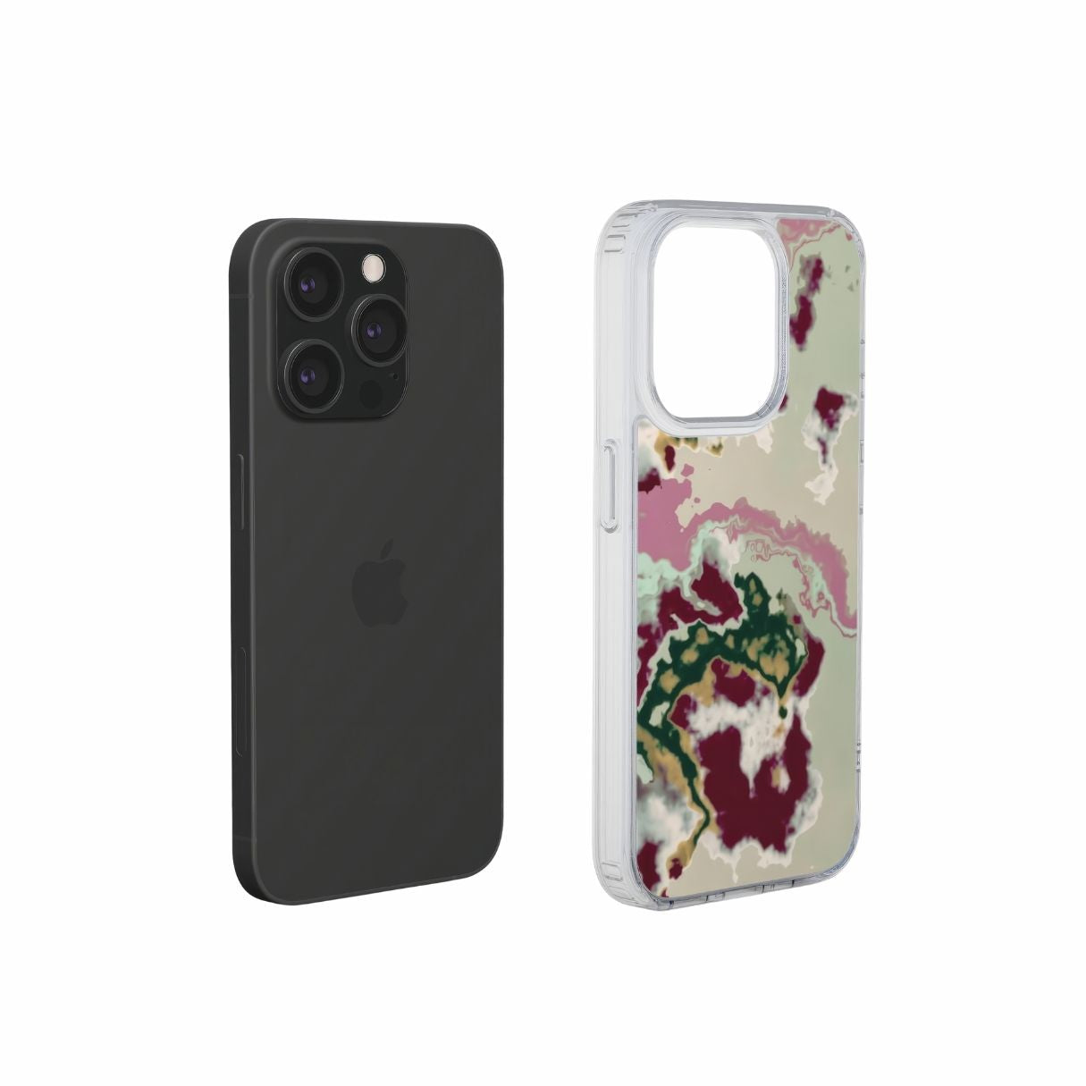Clear phone case with Sandscape Dream Burgundy pattern in artistic, abstract shape. Beige, green and bordeaux color combination. Bold expressive aesthetic design. Colorful and interior fit. Elegant. Extend view.