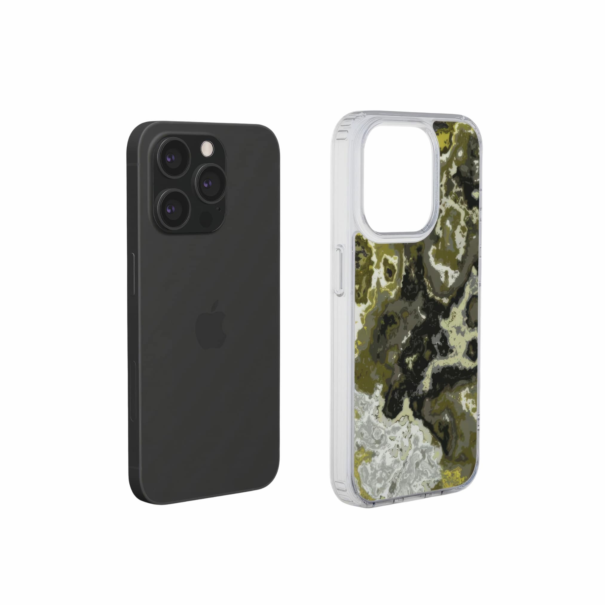 Clear phone case extend view; Spring Rain 1 pattern, artistic, abstract marble pattern. Yellow, black and grey color combination.