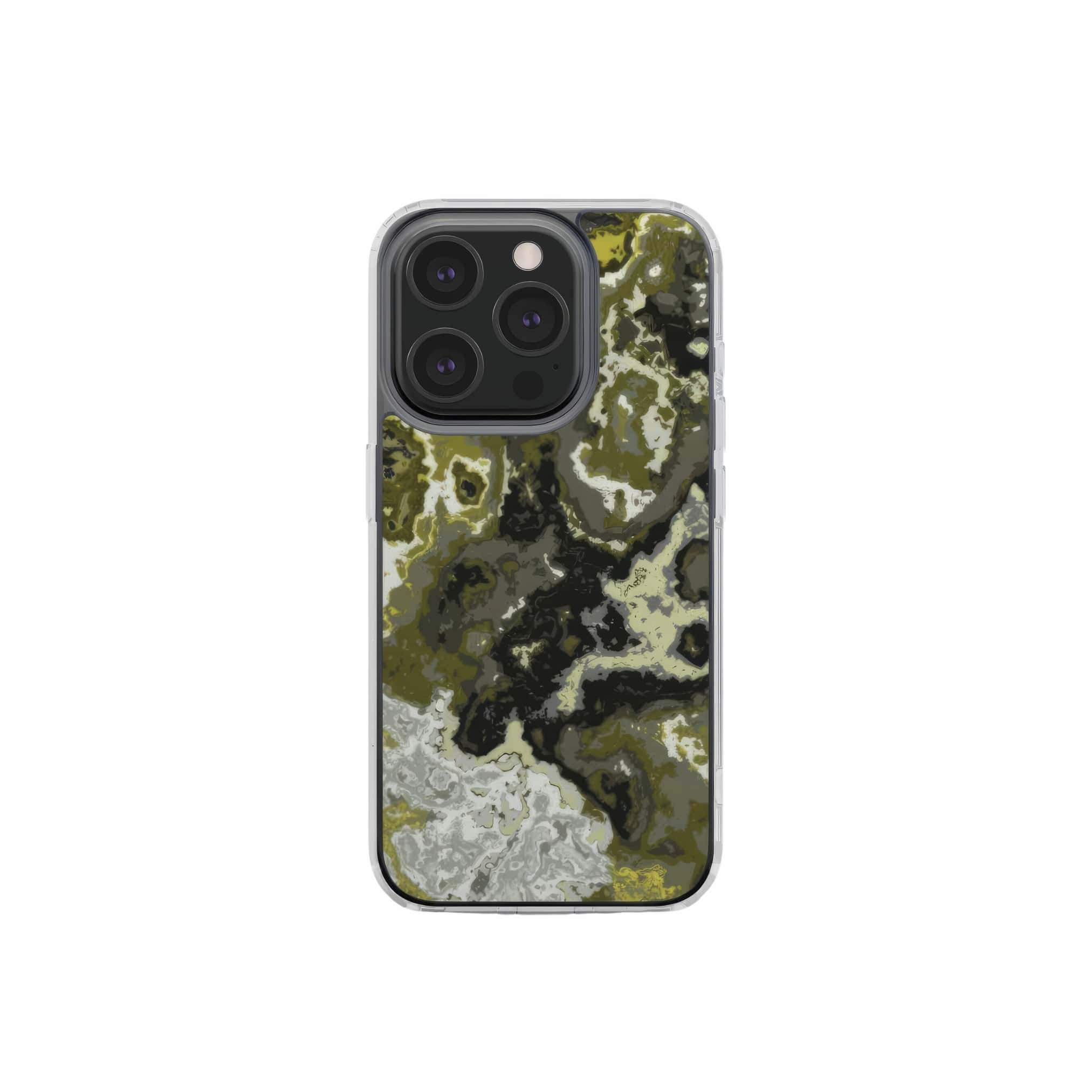 Clear phone case front view; Spring Rain 1 pattern, artistic, abstract marble pattern. Yellow, black and grey color combination. Bold expressive aesthetic design. Colorful and interior fit. Elegant.