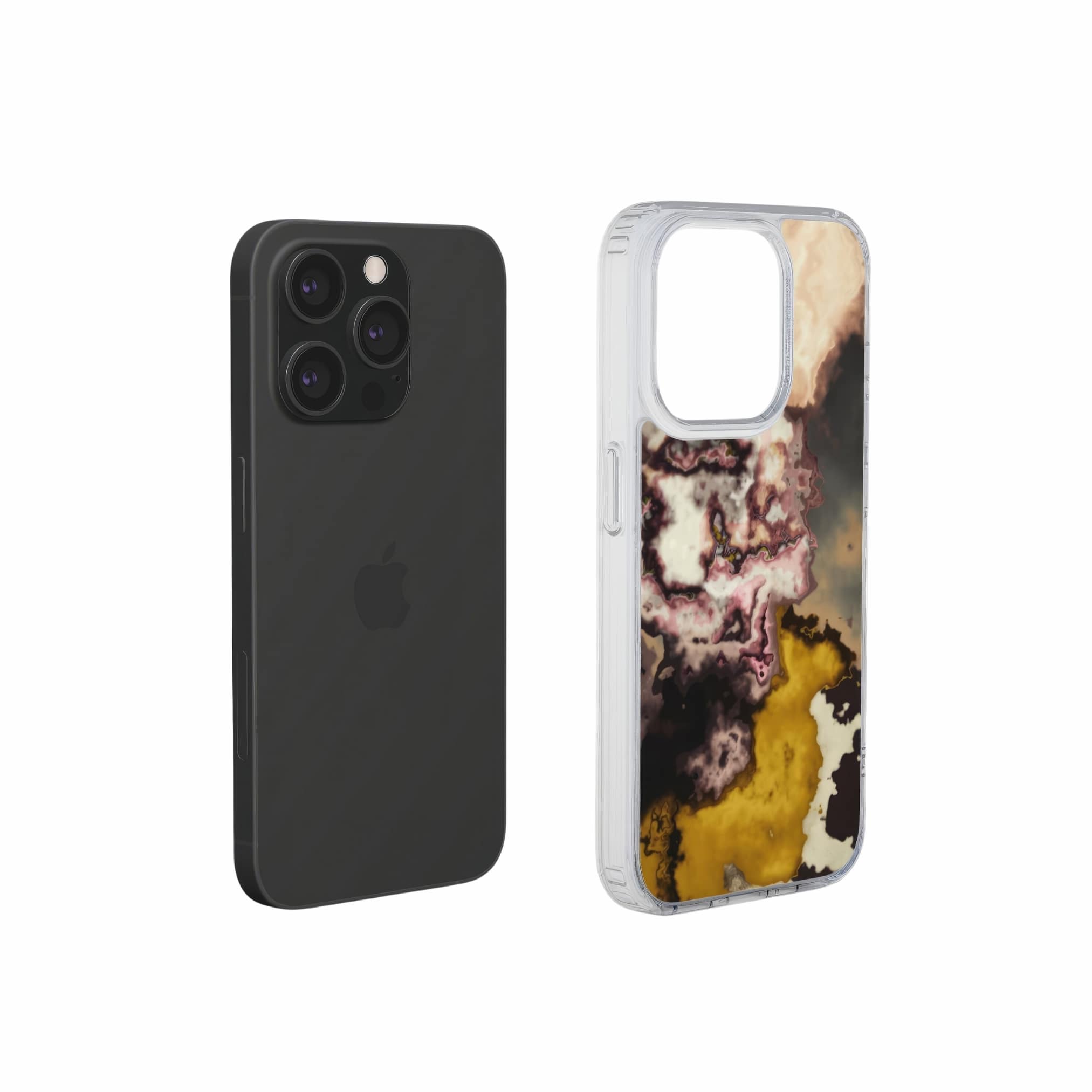 Clear phone case extend view; storm 1 pattern, artistic, abstract marble pattern. Yellow and beige color combination.