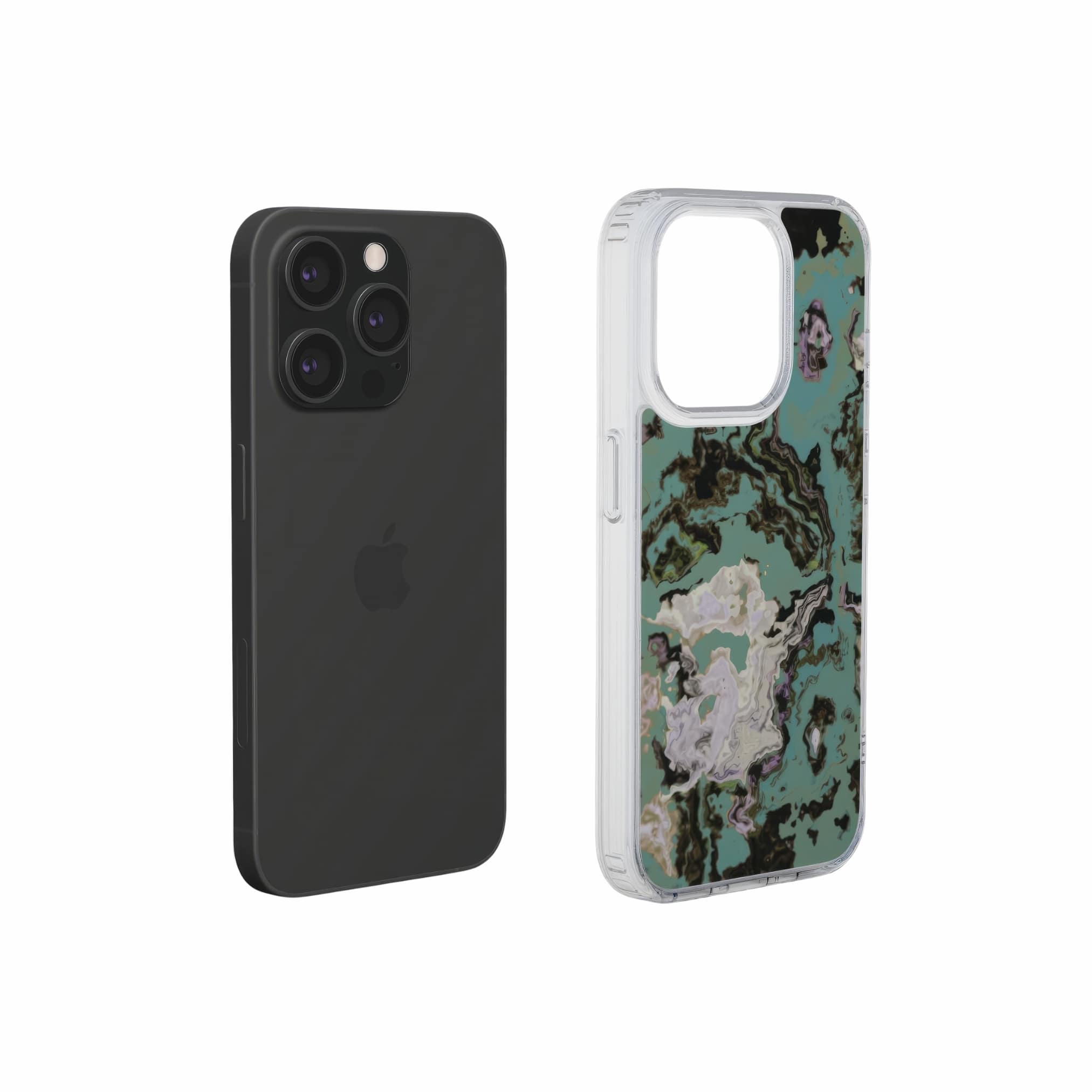 Clear phone case with a bold vivid pattern in marble abstract and artistic style, featuring an elegant and expressive aesthetic design. Main colors are teal blue and light lilac. Extend view.