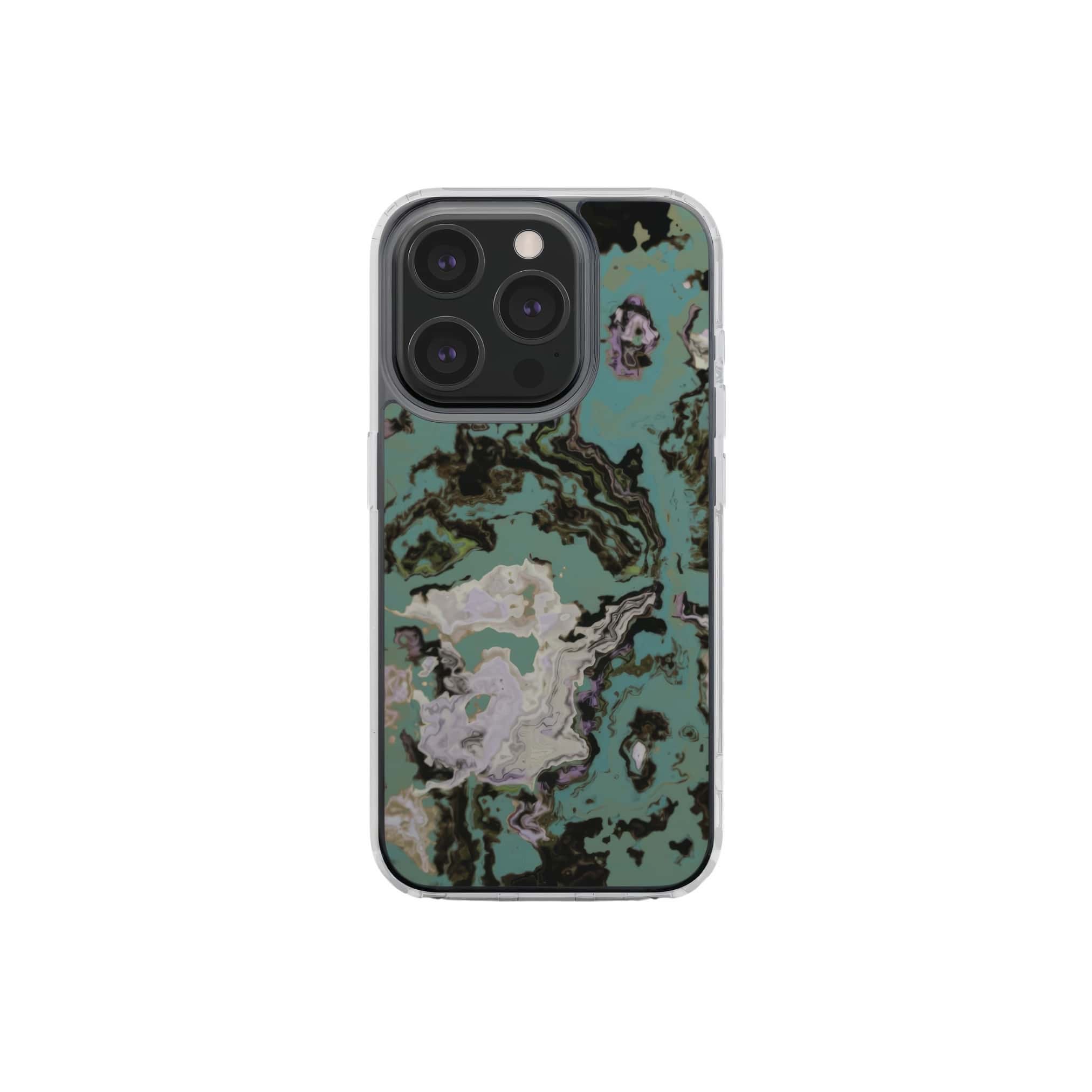 Clear phone case with a bold vivid pattern in marble abstract and artistic style, featuring an elegant and expressive aesthetic design. Main colors are teal blue and light lilac. Front view.