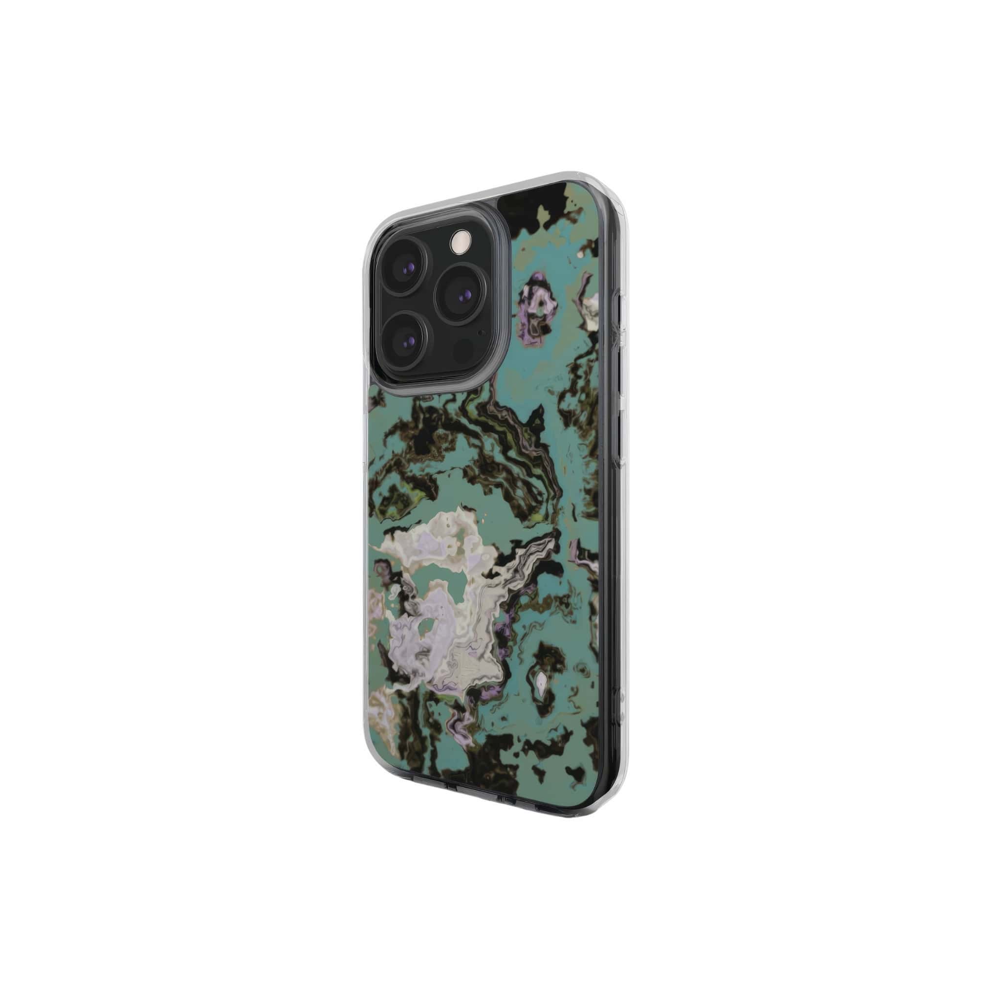 Clear phone case with a bold vivid pattern in marble abstract and artistic style, featuring an elegant and expressive aesthetic design. Main colors are teal blue and light lilac. Side view.