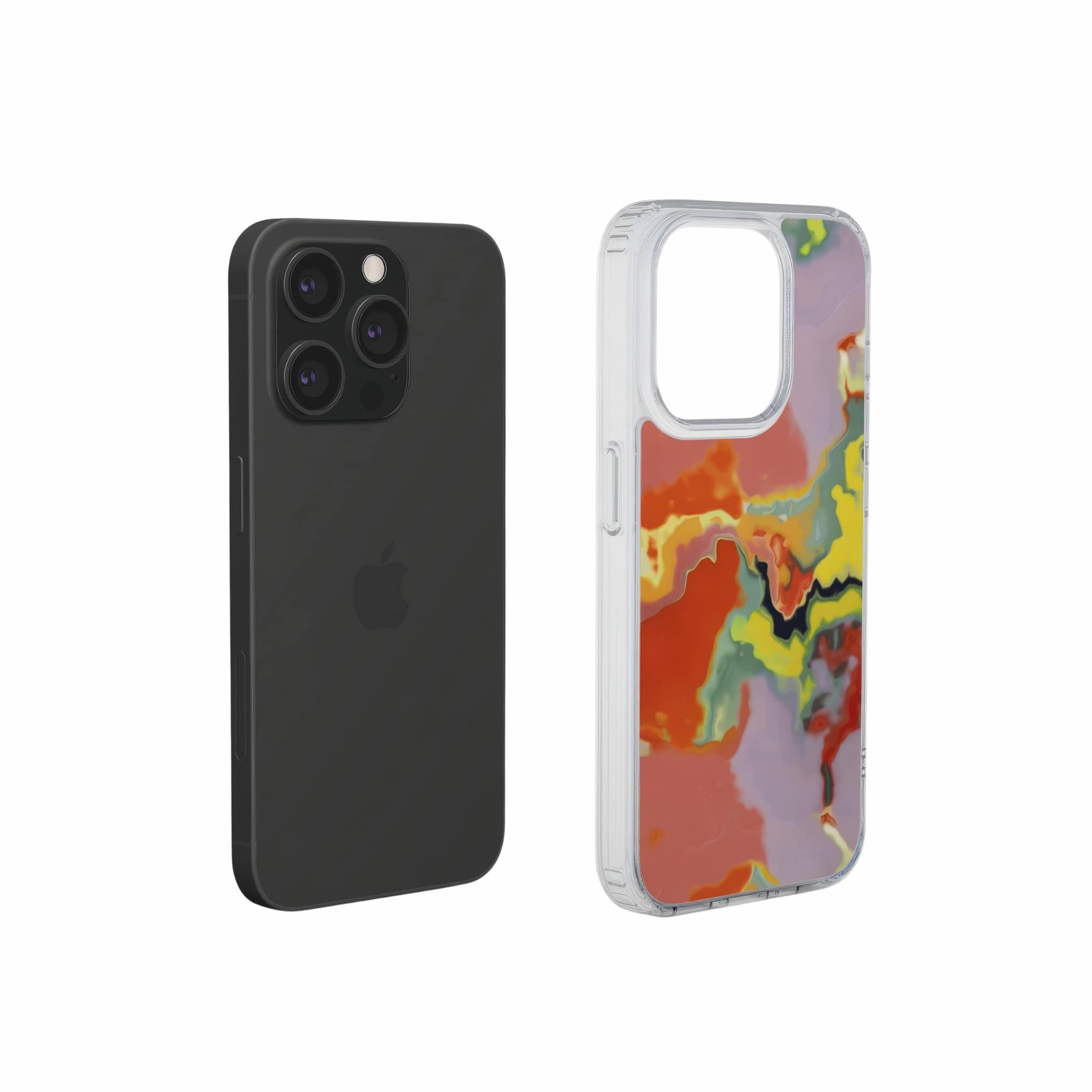 Clear phone case extend view; Tropical 1 pattern, artistic, abstract marble pattern. Orange and green color combination.