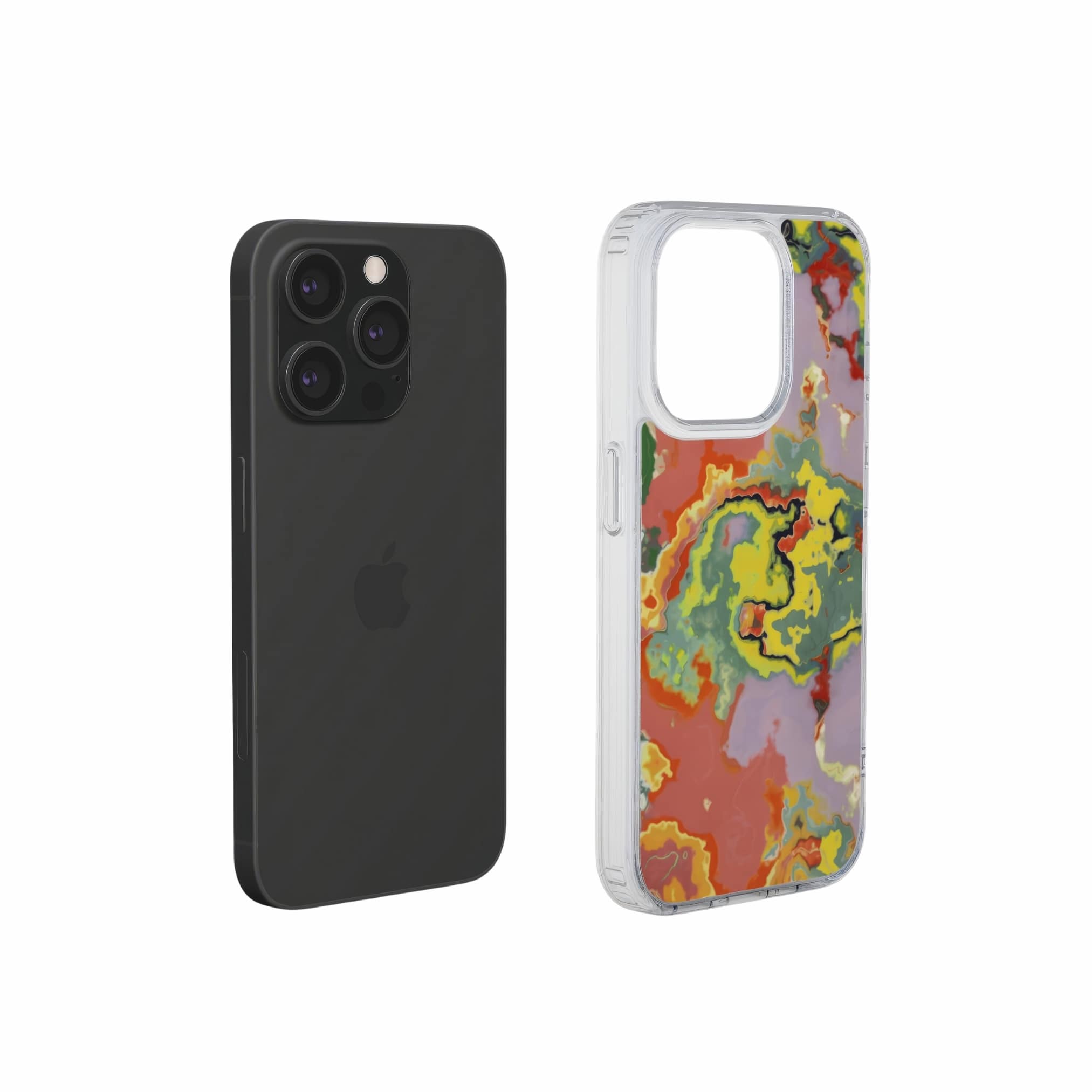 Clear phone case extend view; Tropical 2 pattern, artistic, abstract marble pattern. Orange and green color combination.