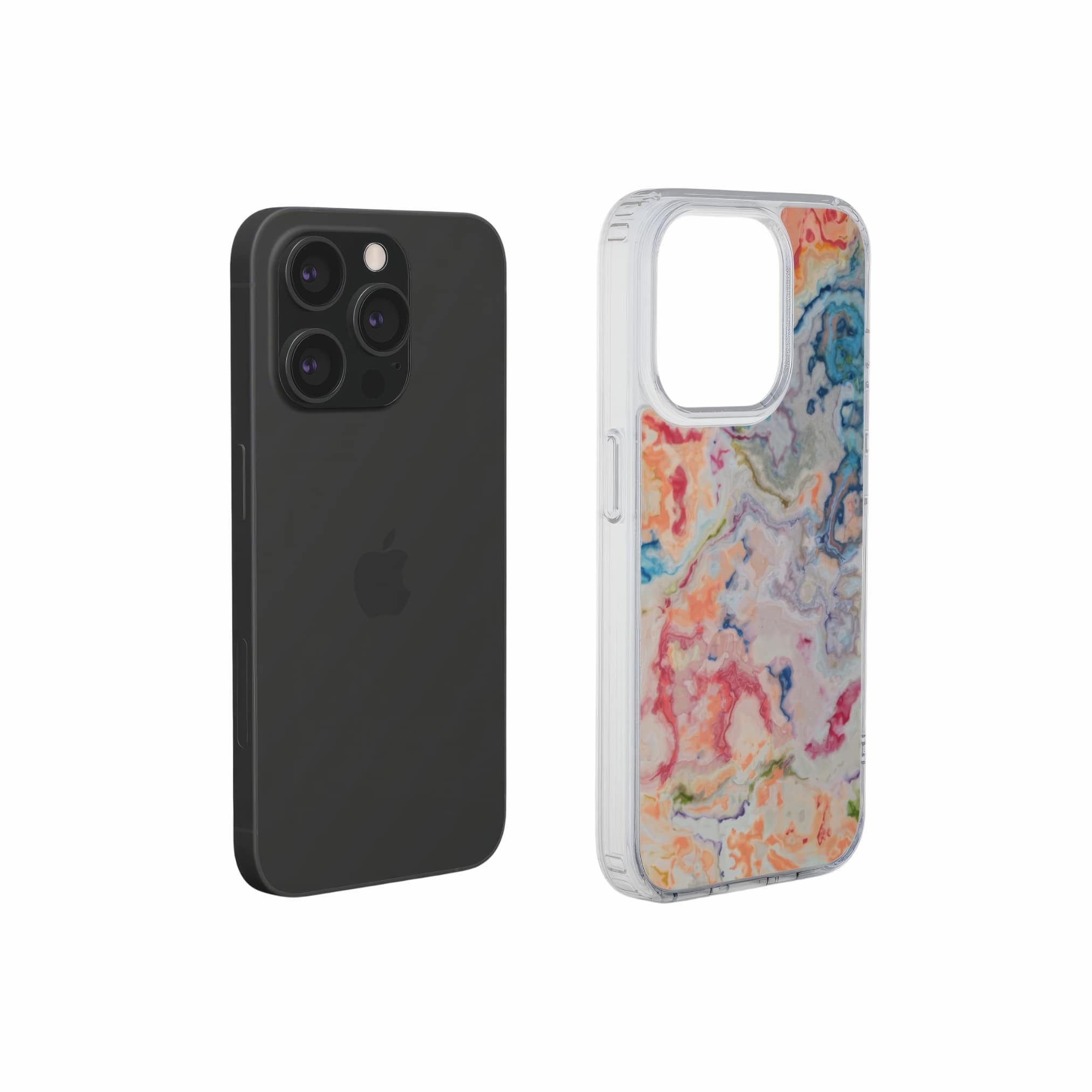 Clear phone case with a bold vivid pattern Ufo 1 in marble abstract and artistic style, featuring an elegant and expressive aesthetic design. Main colors are blue, orange and red. Side view.