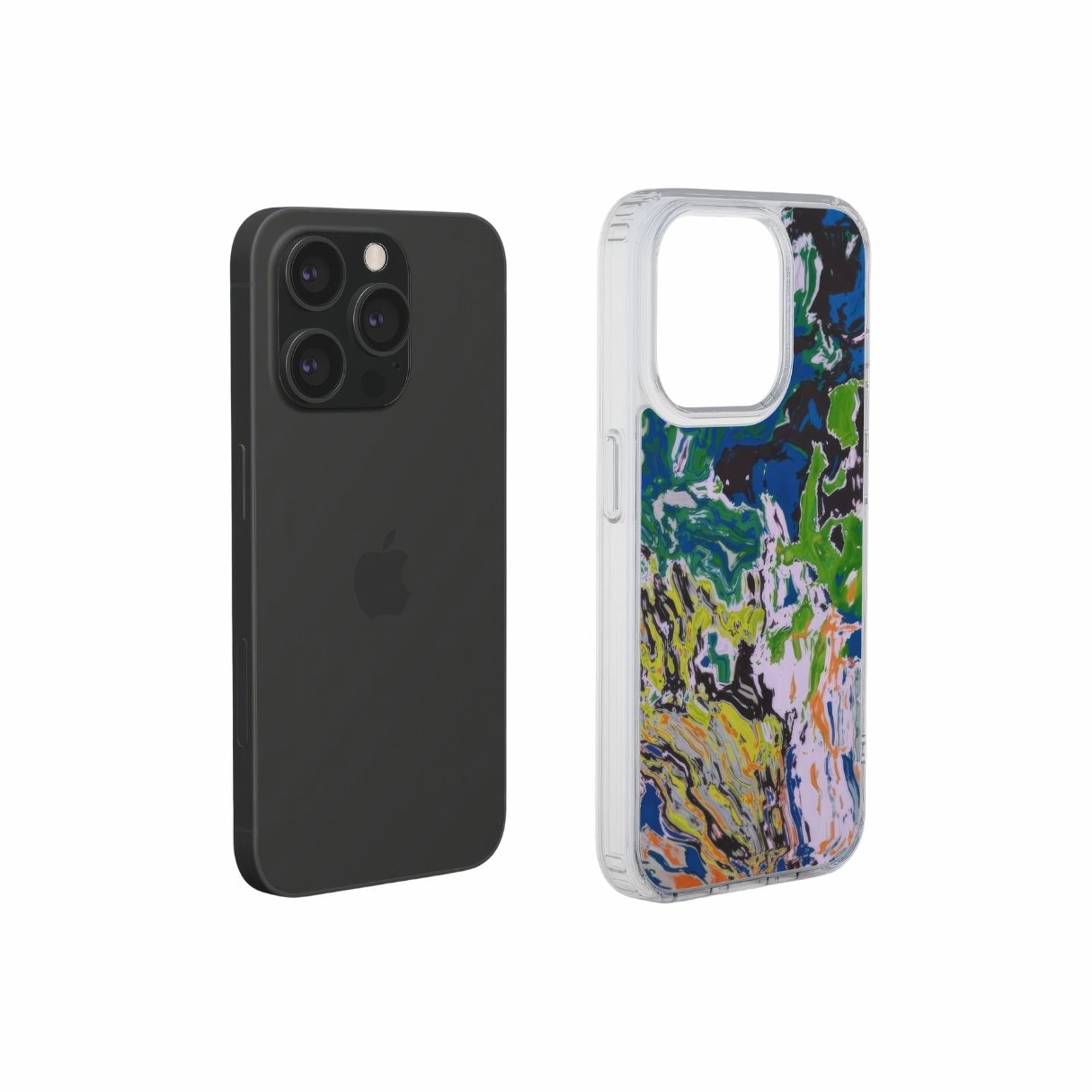 Clear phone case with a bold vivid pattern in marble abstract and artistic style, featuring an elegant and expressive aesthetic design. Main colors are blue, green and yellow with slight orange. Extend view.