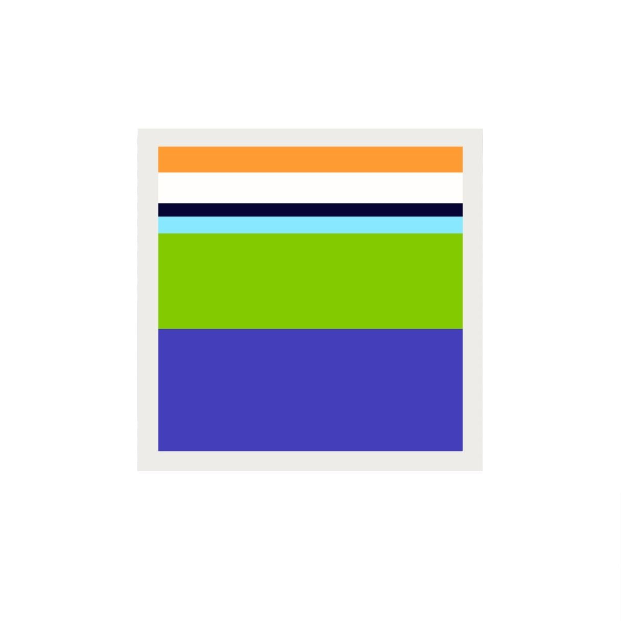 Colorful striped pattern with orange, blue, green, and black on a white background.