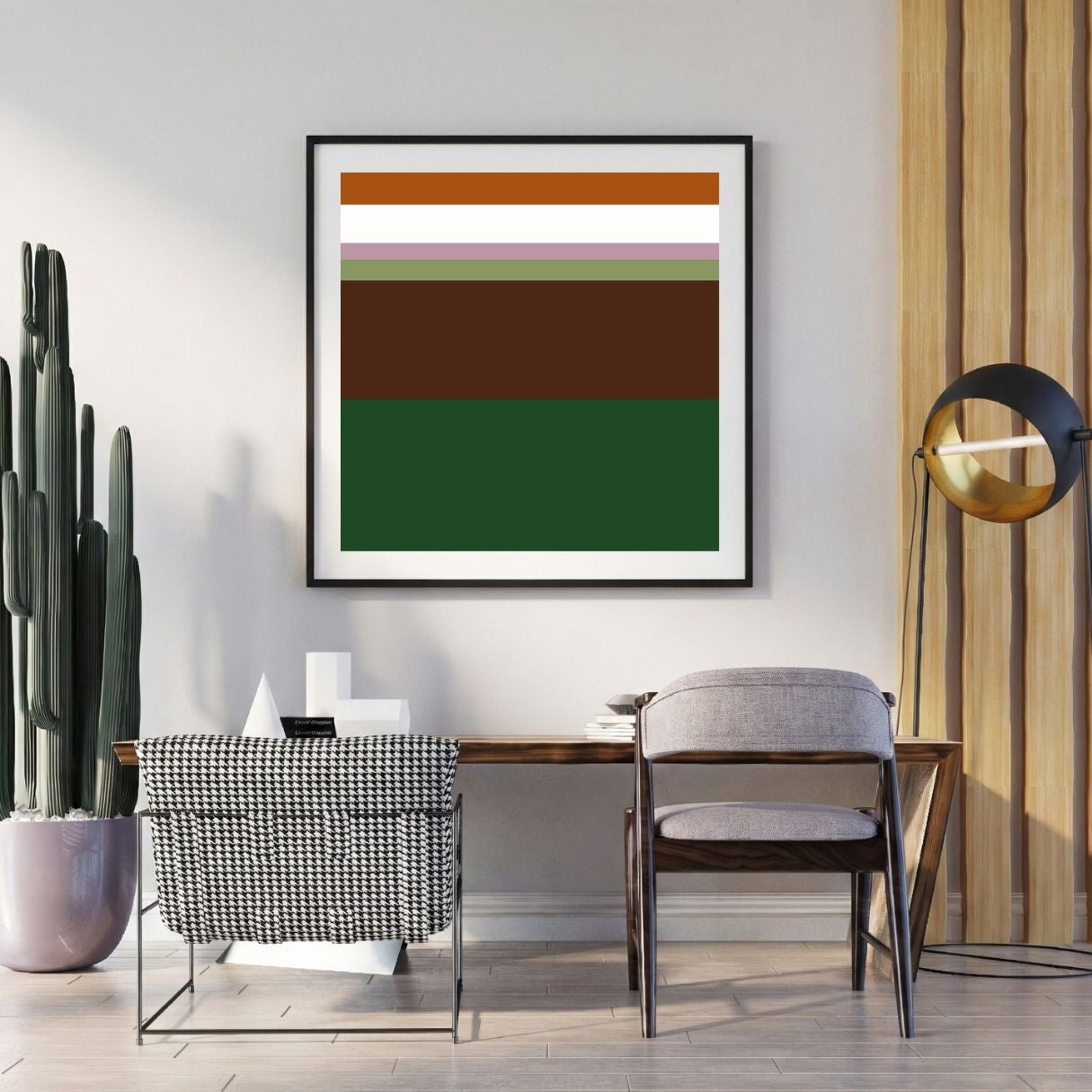 Modern interior with a colorful abstract painting on the wall, a chair, and a lamp.