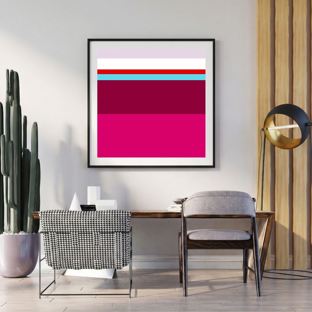 Modern interior with a colorful abstract art piece on the wall, a desk, and chairs.