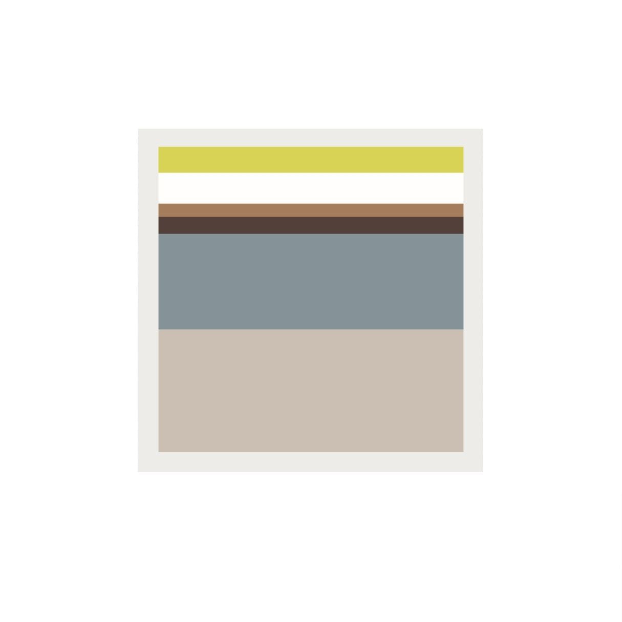Framed artwork with horizontal stripes in yellow, brown, gray, and beige on a white background.