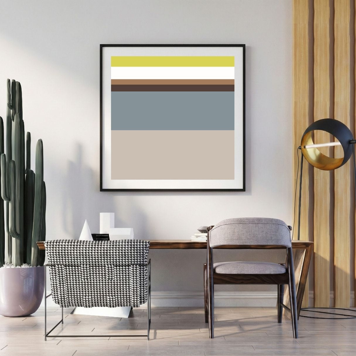 Modern interior with a striped wall art piece, chair, and potted plant.