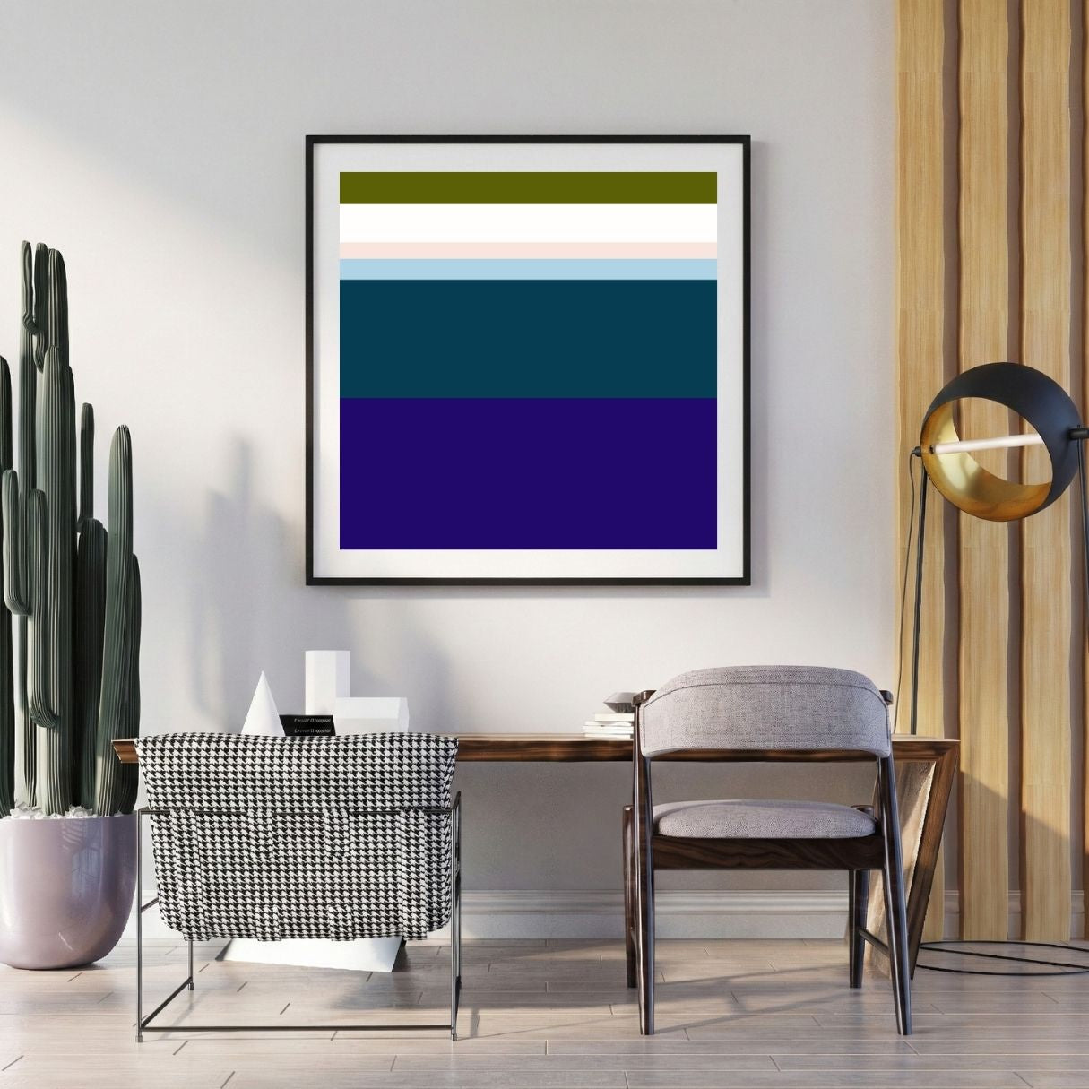 Modern interior with a framed abstract art piece on the wall, a chair, and a lamp.