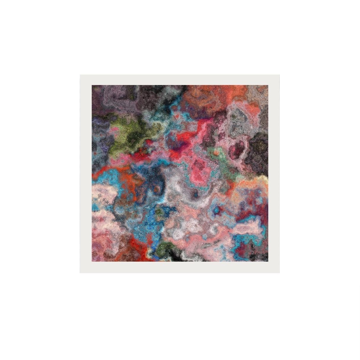 Abstract multicolored artwork print in a white frame on a white background.