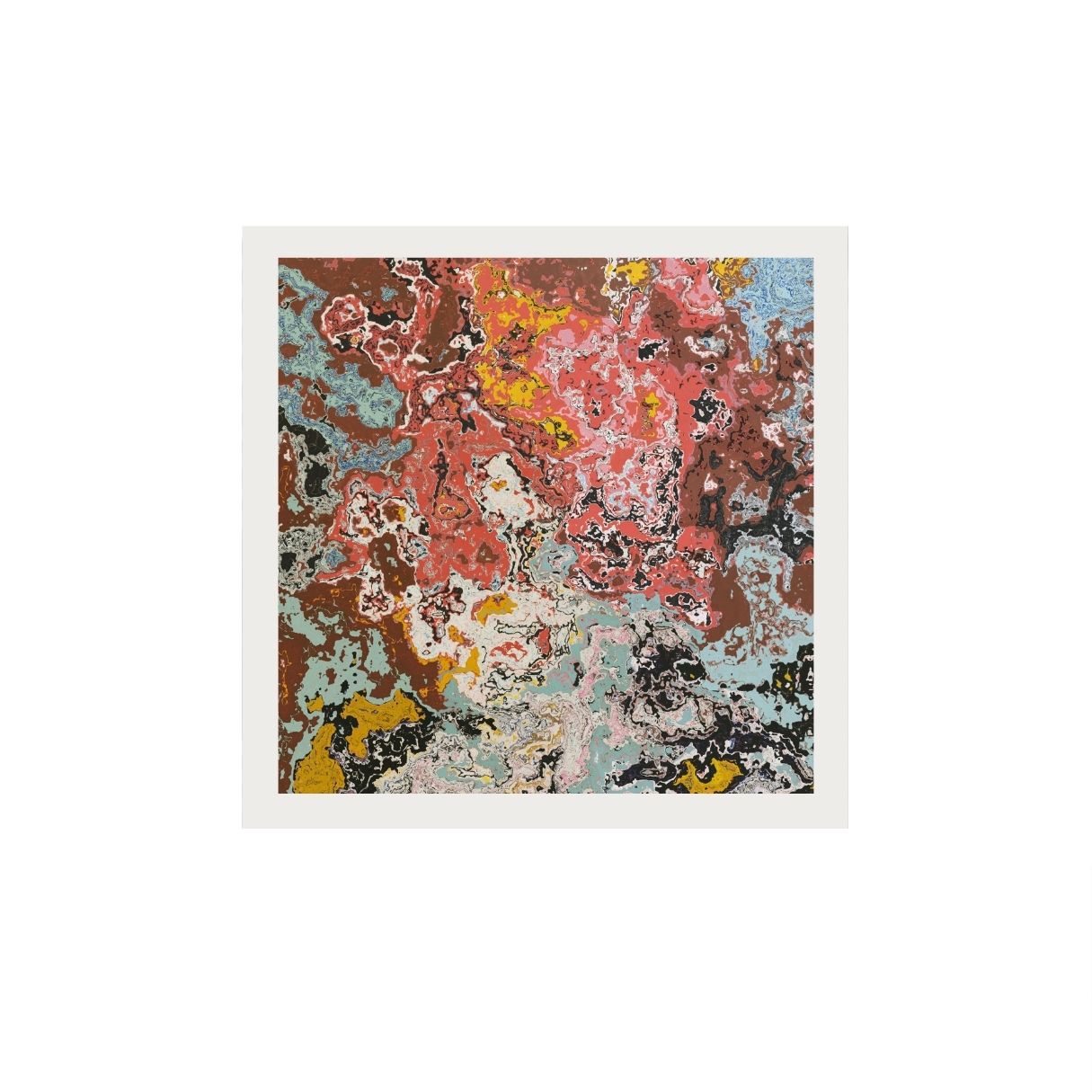 Abstract multicolored artwork on a white background.