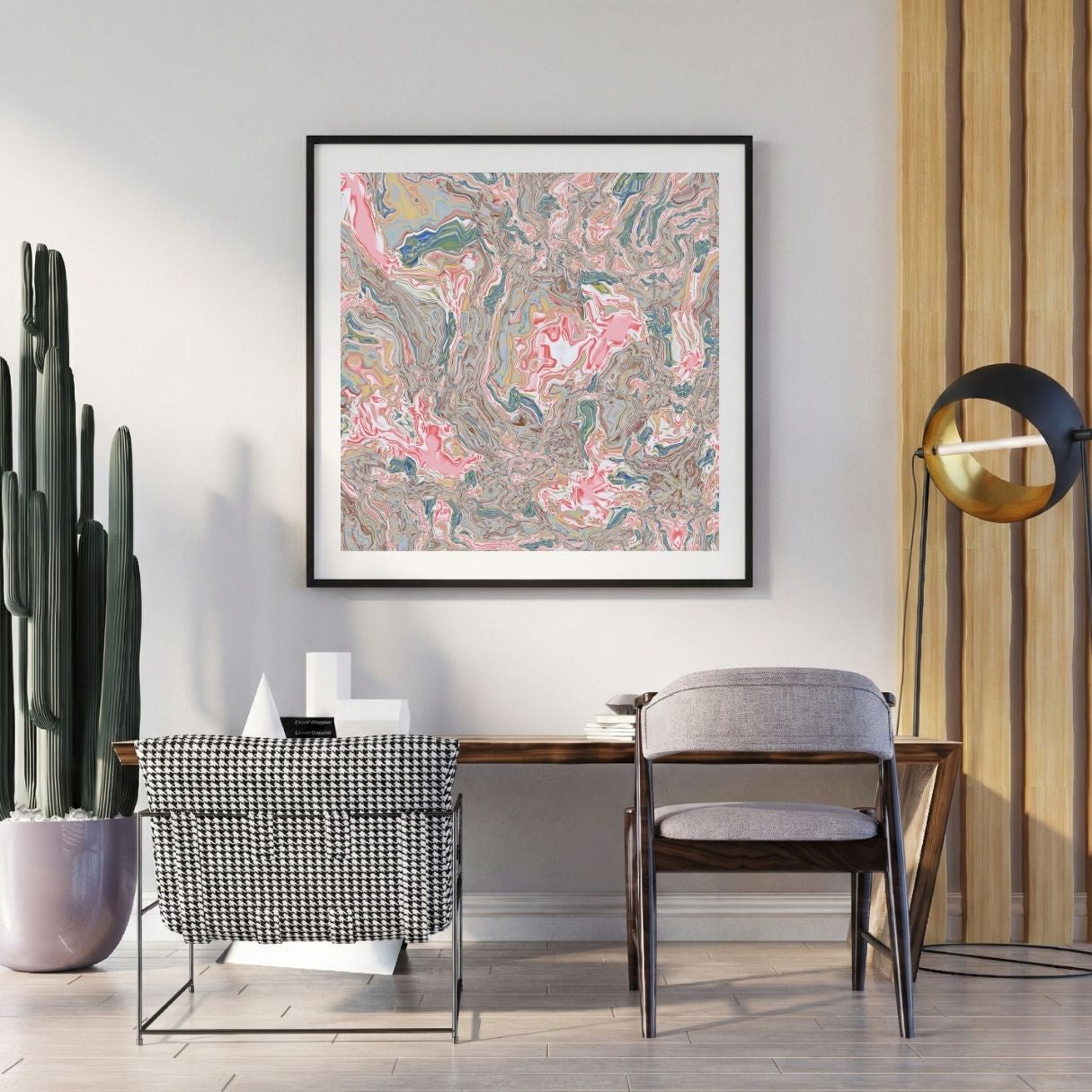 Modern interior with a abstract art print on the wall, chair, and potted plant.
