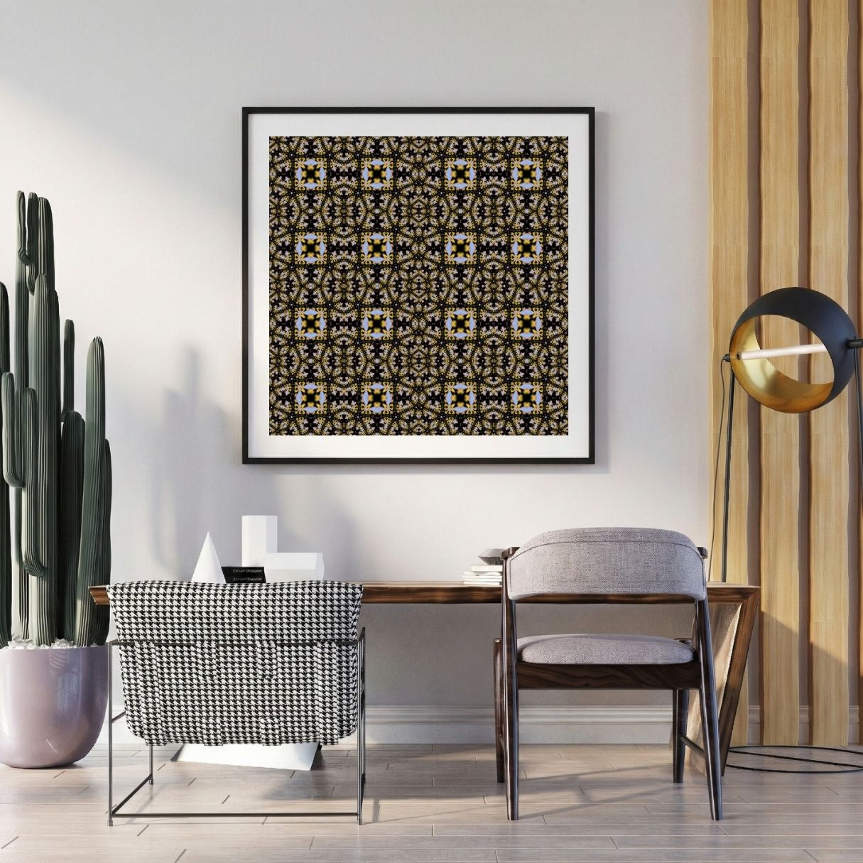 Modern interior with a patterned wall art piece, chairs, and decor items.