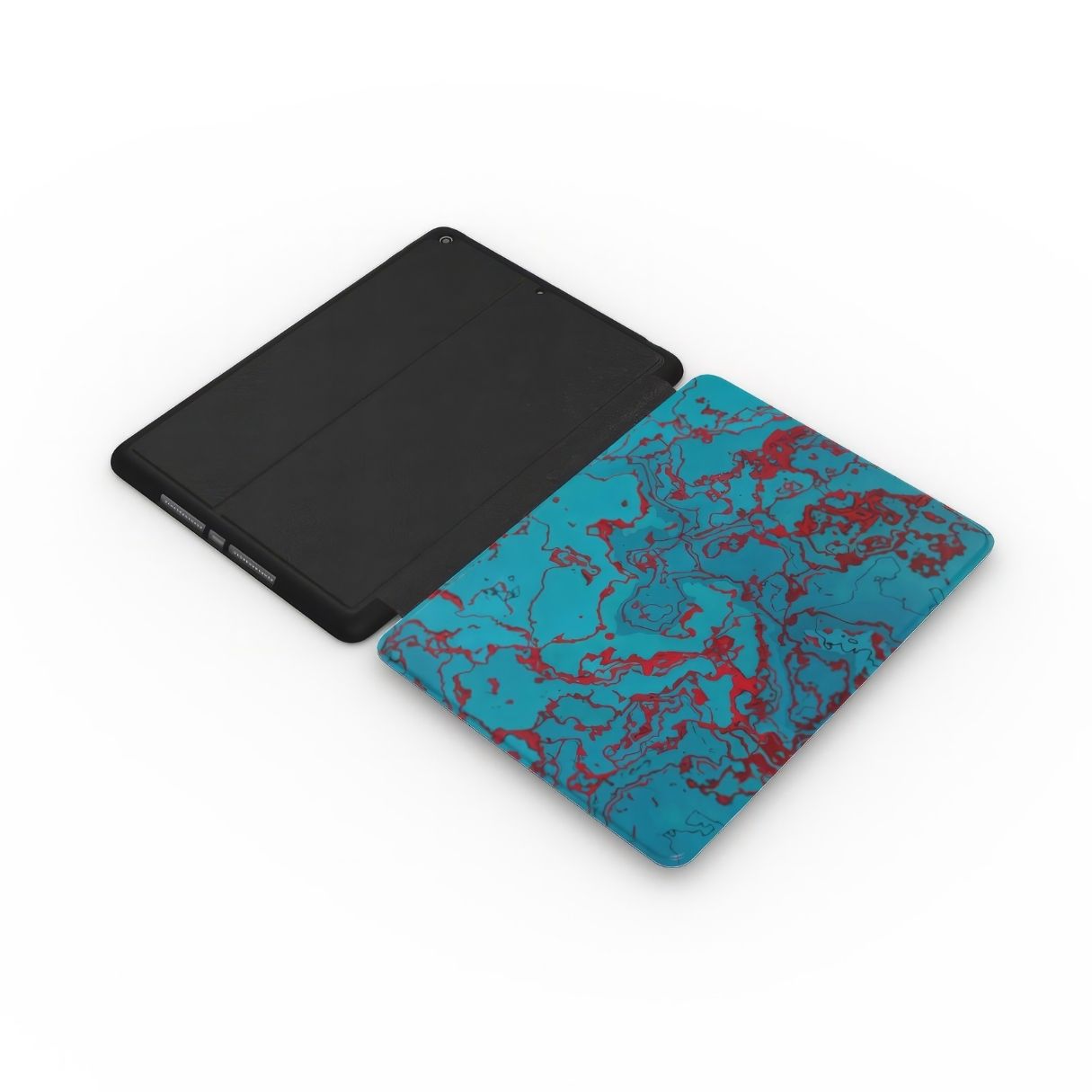 iPad case with vivid color pattern Arteries abstract and artistic style, featuring an elegant and expressive aesthetic design. Main colors are red, turquoise blue. Extend view.