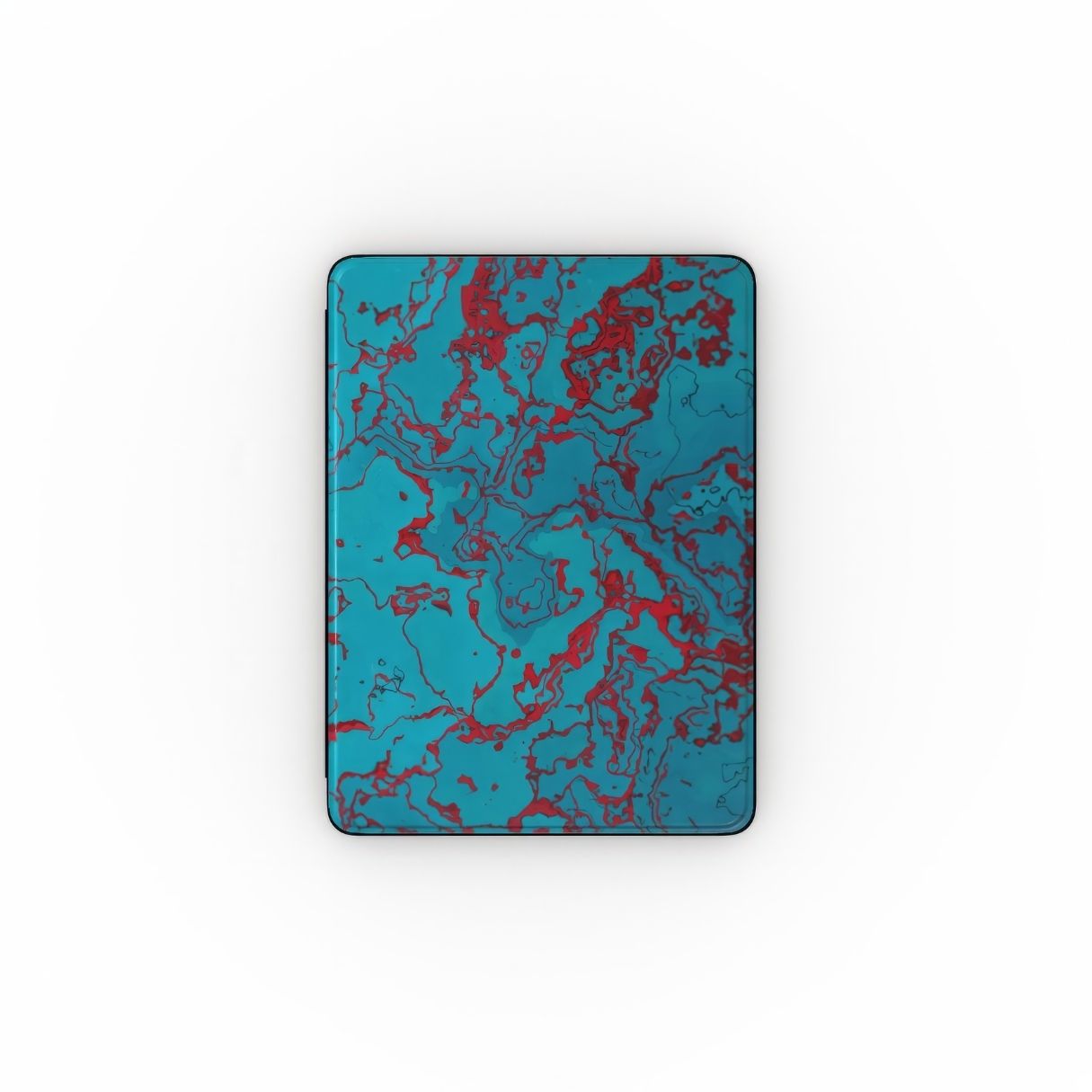 iPad case with vivid color pattern Arteries abstract and artistic style, featuring an elegant and expressive aesthetic design. Main colors are red, turquoise blue. Front view.