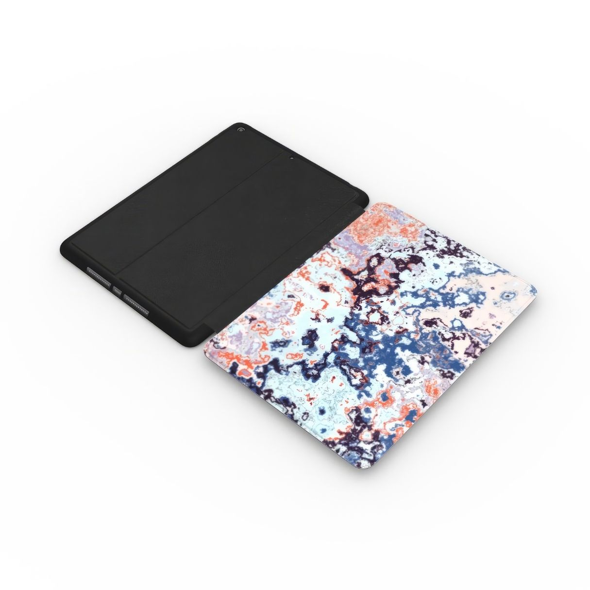 Blue Marble Mist pattern design for iPad case. Extend view. Marble artistic style. Bold expressive aesthetic design. Colorful and interior fit.