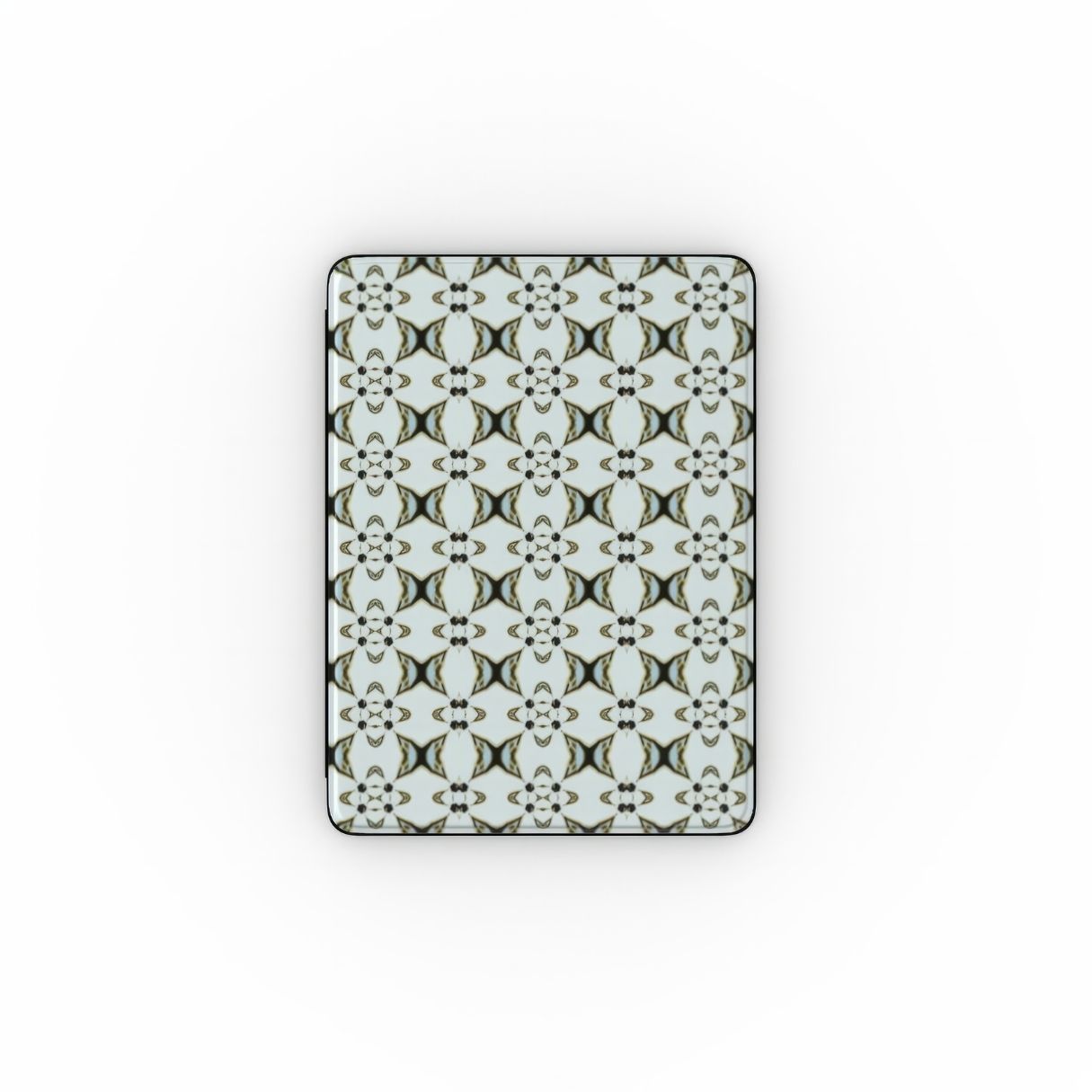 Apple iPad case ButterFly pattern design with a playful, bold expression of kaleidoscope form, featuring an elegant and expressive aesthetic design. Main color is light blue. Front view.
