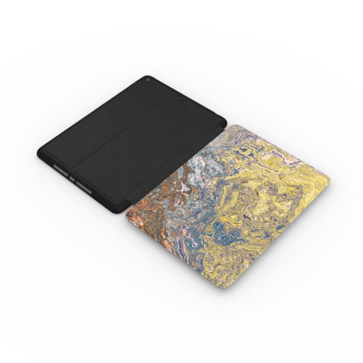 iPad case with a calm color pattern Chill Time abstract and artistic style, featuring an elegant and aesthetic design. Main colors are muted yellow, grey and orange, brown. Extend view.