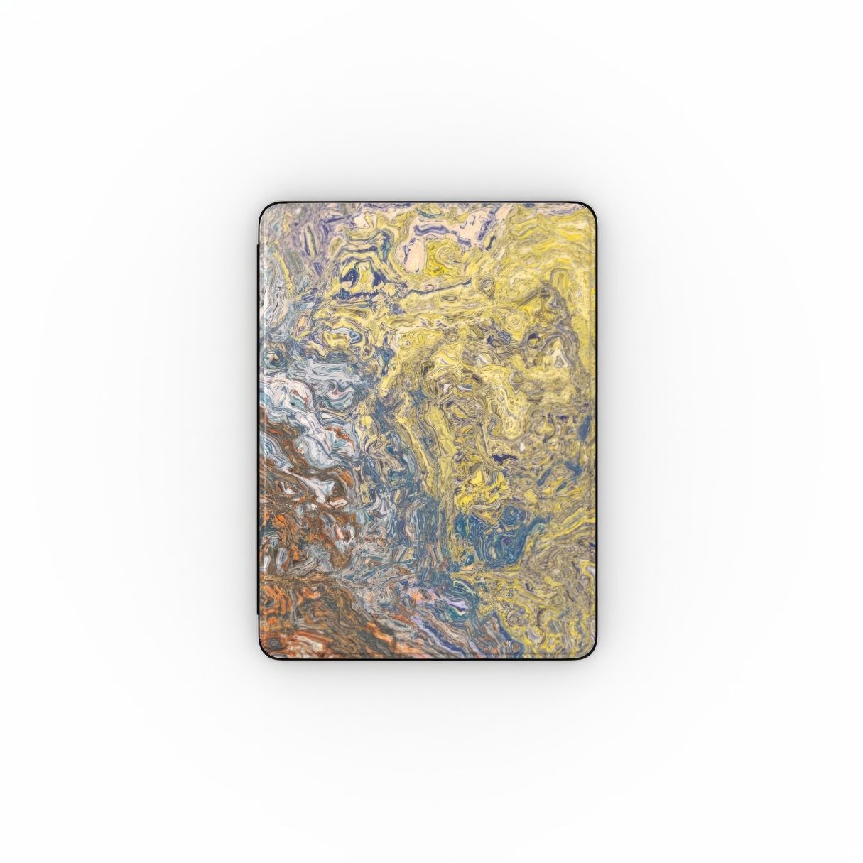 iPad case with a calm color pattern Chill Time abstract and artistic style, featuring an elegant and aesthetic design. Main colors are muted yellow, grey and orange, brown. Front view.