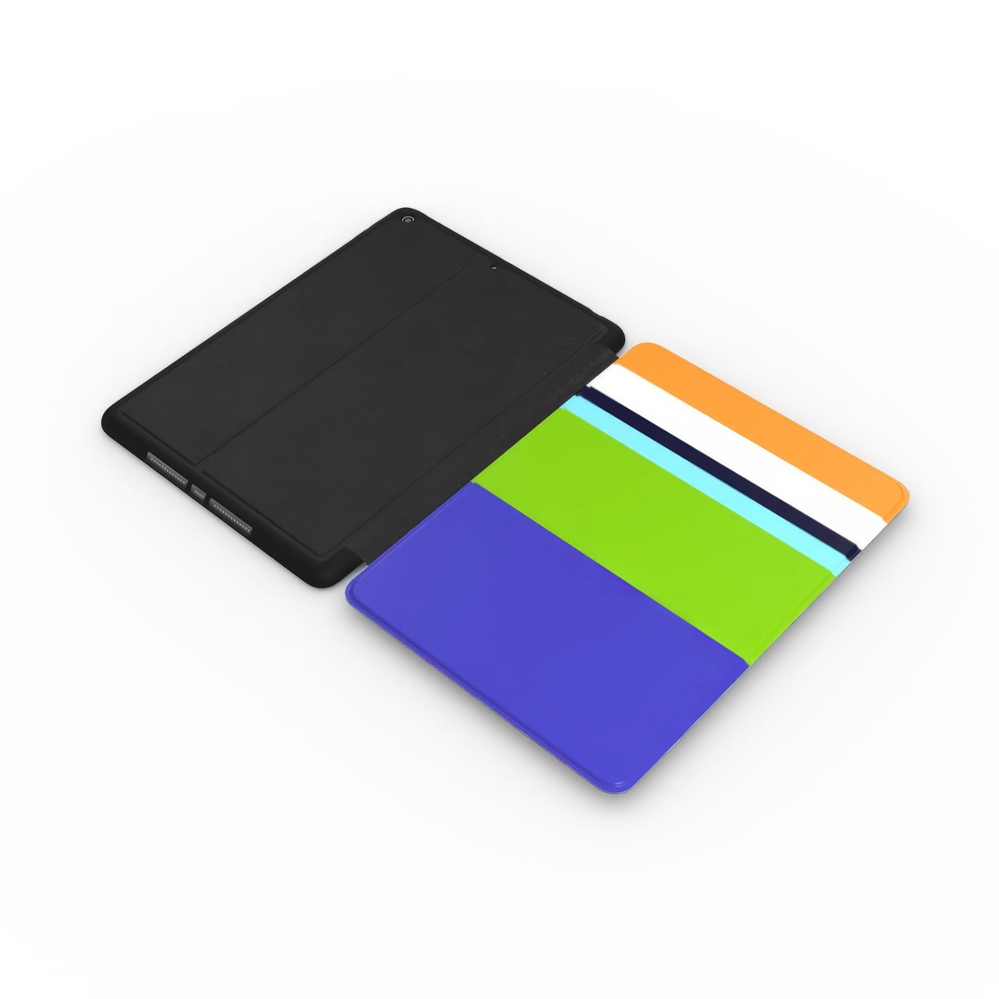 iPad case Color Blocks 3 pattern design with a color blocks, featuring an elegant and expressive aesthetic design. Main colors are light green, violet and orange. Extend view.