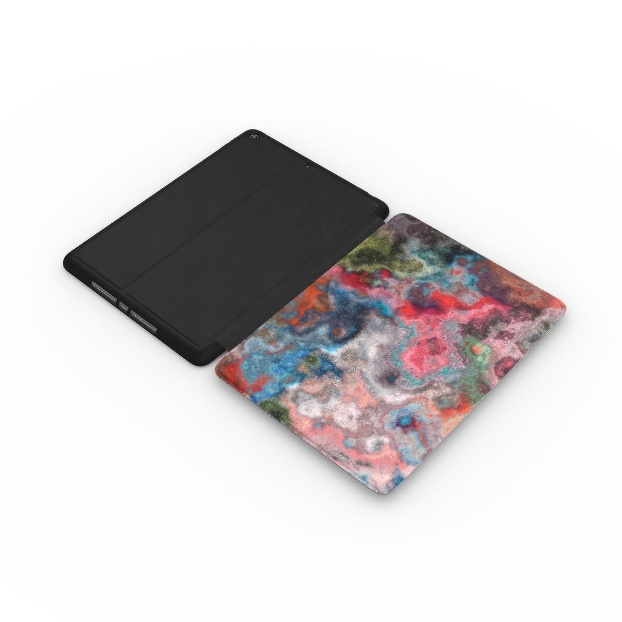 iPad case with vivid color pattern Color Fog abstract and artistic style, featuring an elegant and expressive aesthetic design. Main colors are red, deep blue and green. Extend view.