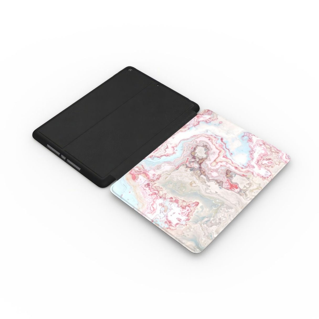 iPad case extend view; Divine Blue River pattern, artistic, abstract marble pattern. Light blue and pink color combination. Bold expressive aesthetic design. Colorful and interior fit.