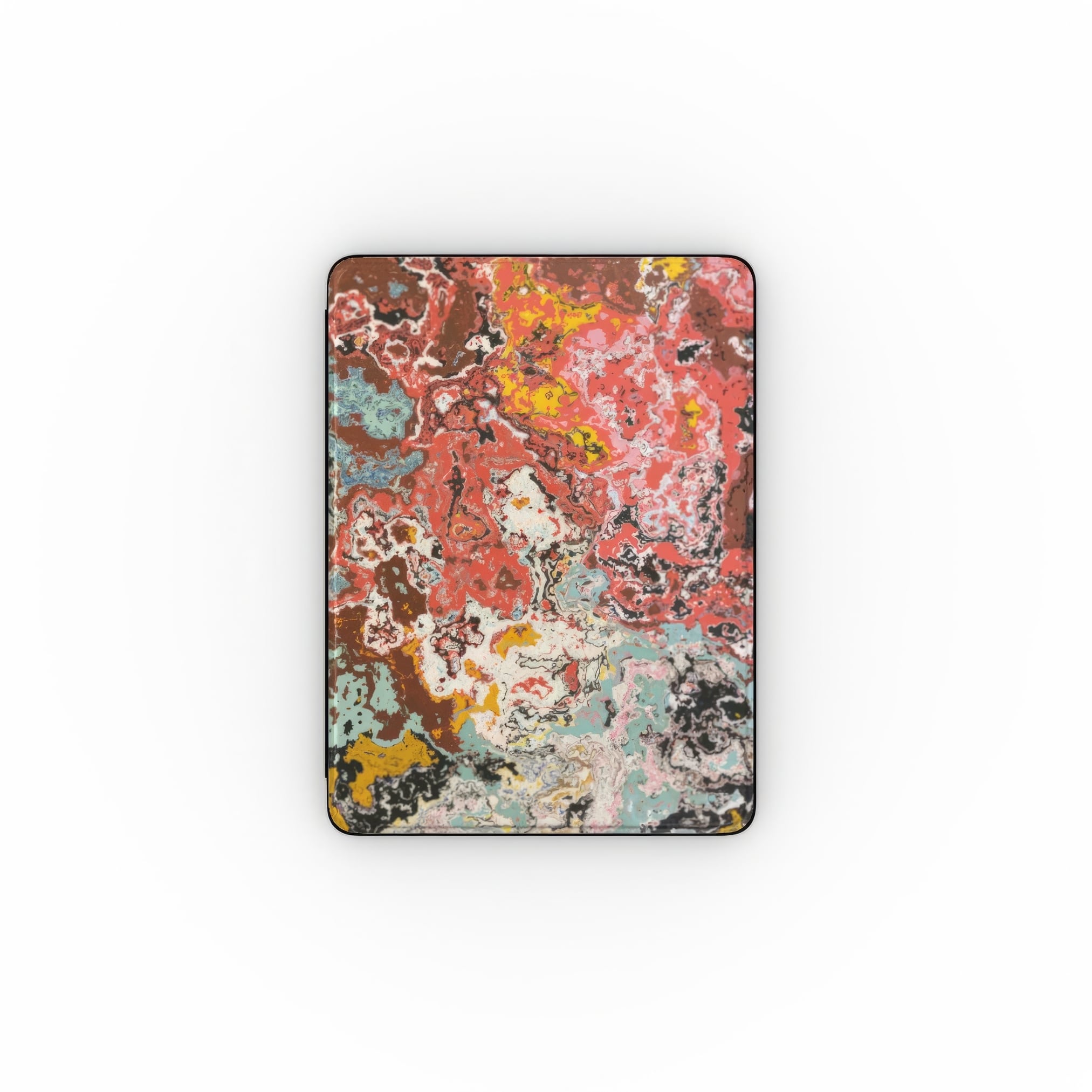 iPad case front view; Earth in Flux 1 pattern, artistic, abstract marble pattern. Brown and brick red color combination. Bold expressive aesthetic design. Colorful and interior fit.