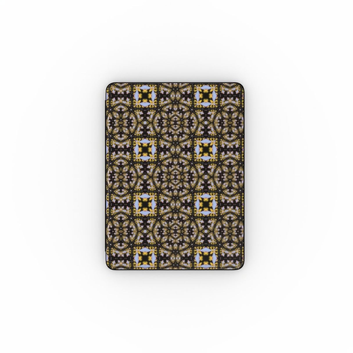 iPad case Fleurs Du Jardin pattern with geometric design, featuring an elegant and expressive aesthetic shape. Main colors are blue, yellow and dark purple. Front view.