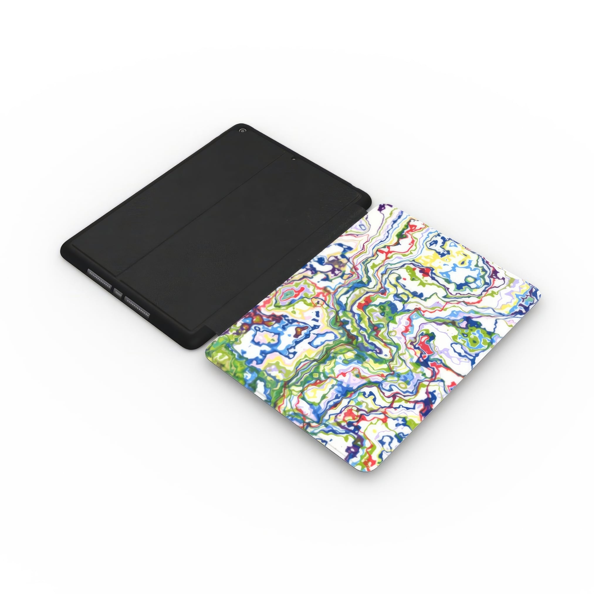 iPad case extend side view; Inside My Brain 1 pattern, artistic, abstract marble pattern. Green, red and blue color combination.