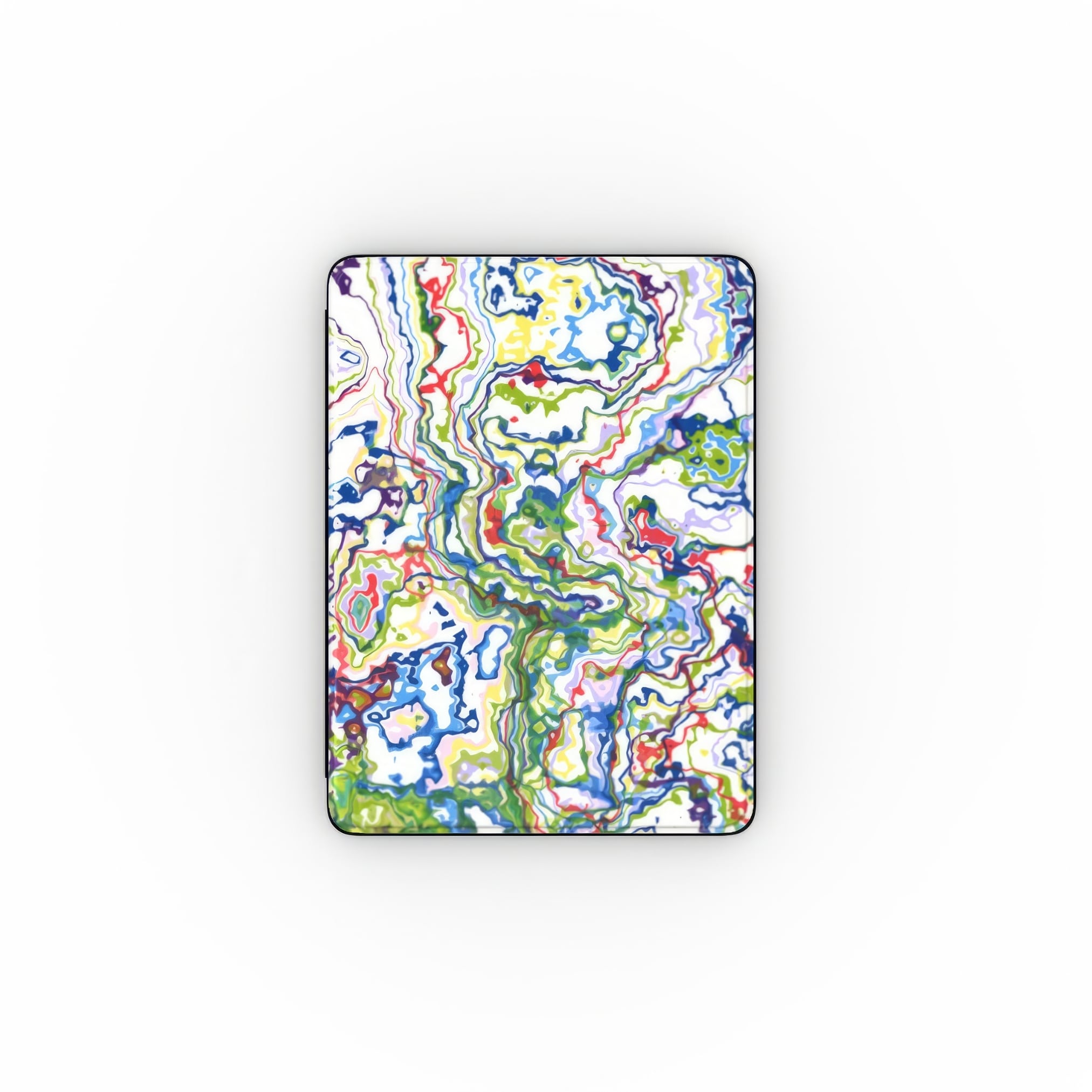 iPad case front view; Inside My Brain 1 pattern, artistic, abstract marble pattern. Green, red and blue color combination. Bold expressive aesthetic design. Colorful and interior fit.
