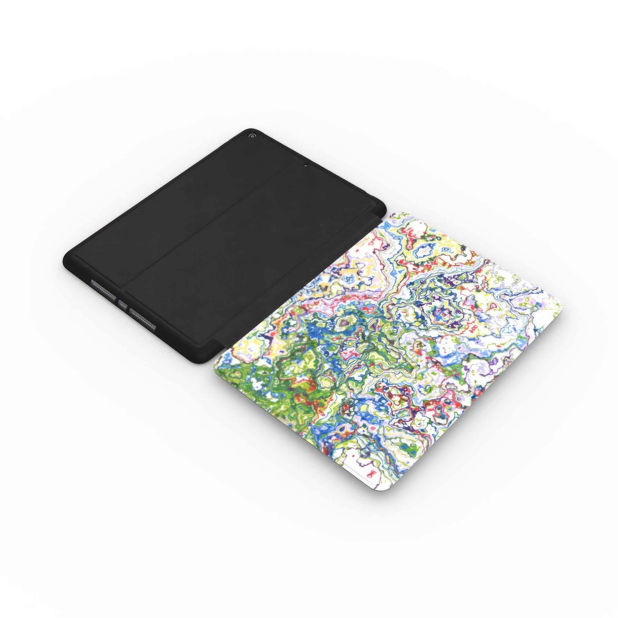 iPad case extend view; Inside My Brain 2 pattern, artistic, abstract marble pattern. Green, red and blue color combination.