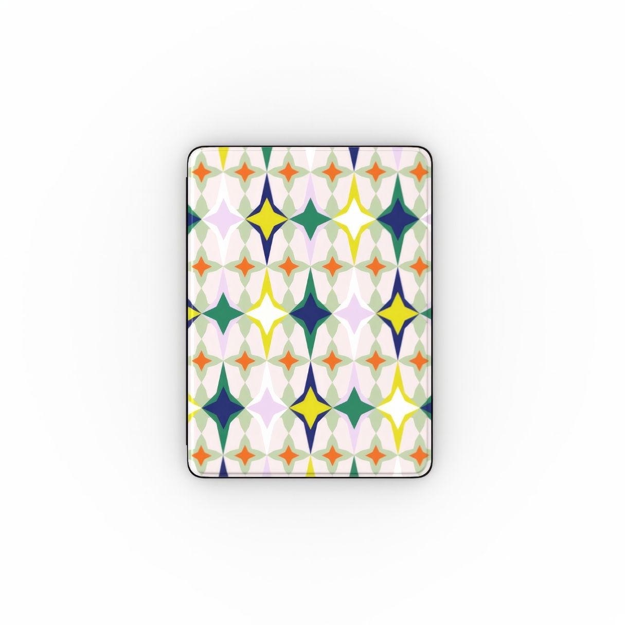 iPad case Magic Spring pattern design with a dynamic geometric symmetry in geometric style, featuring an elegant and expressive aesthetic design. Main colors are green, yellow, orange red and deep blue. Front view.