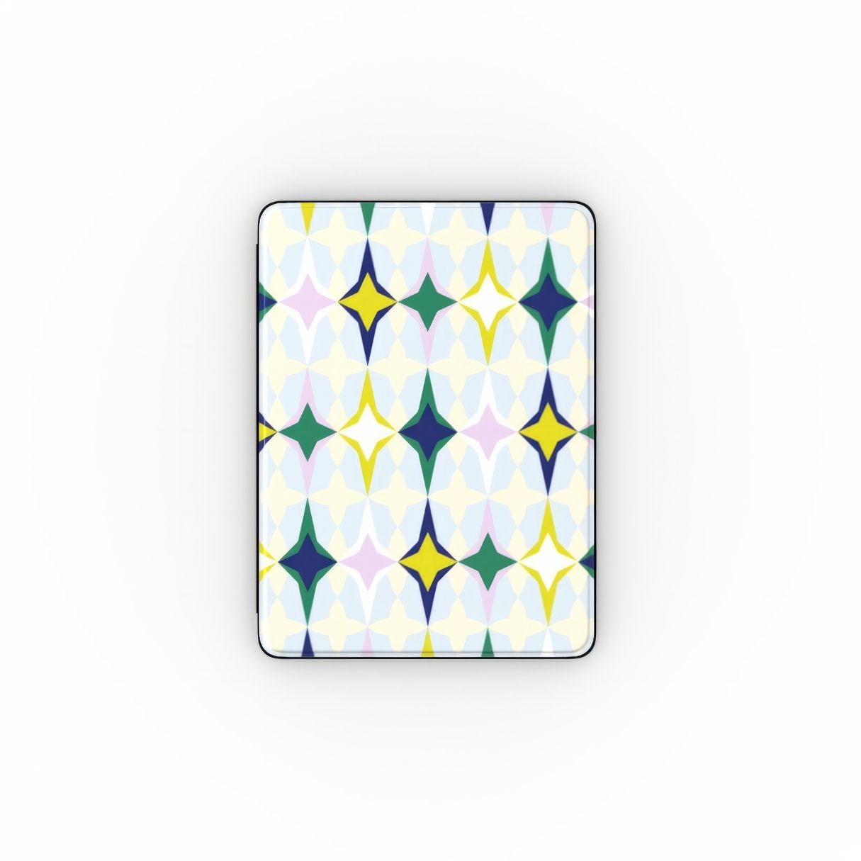 iPad case Magic Winter pattern design with a dynamic geometric symmetry in geometric style, featuring an elegant and expressive aesthetic design. Main colors are divine blue, yellow, green and deep blue. Front view.